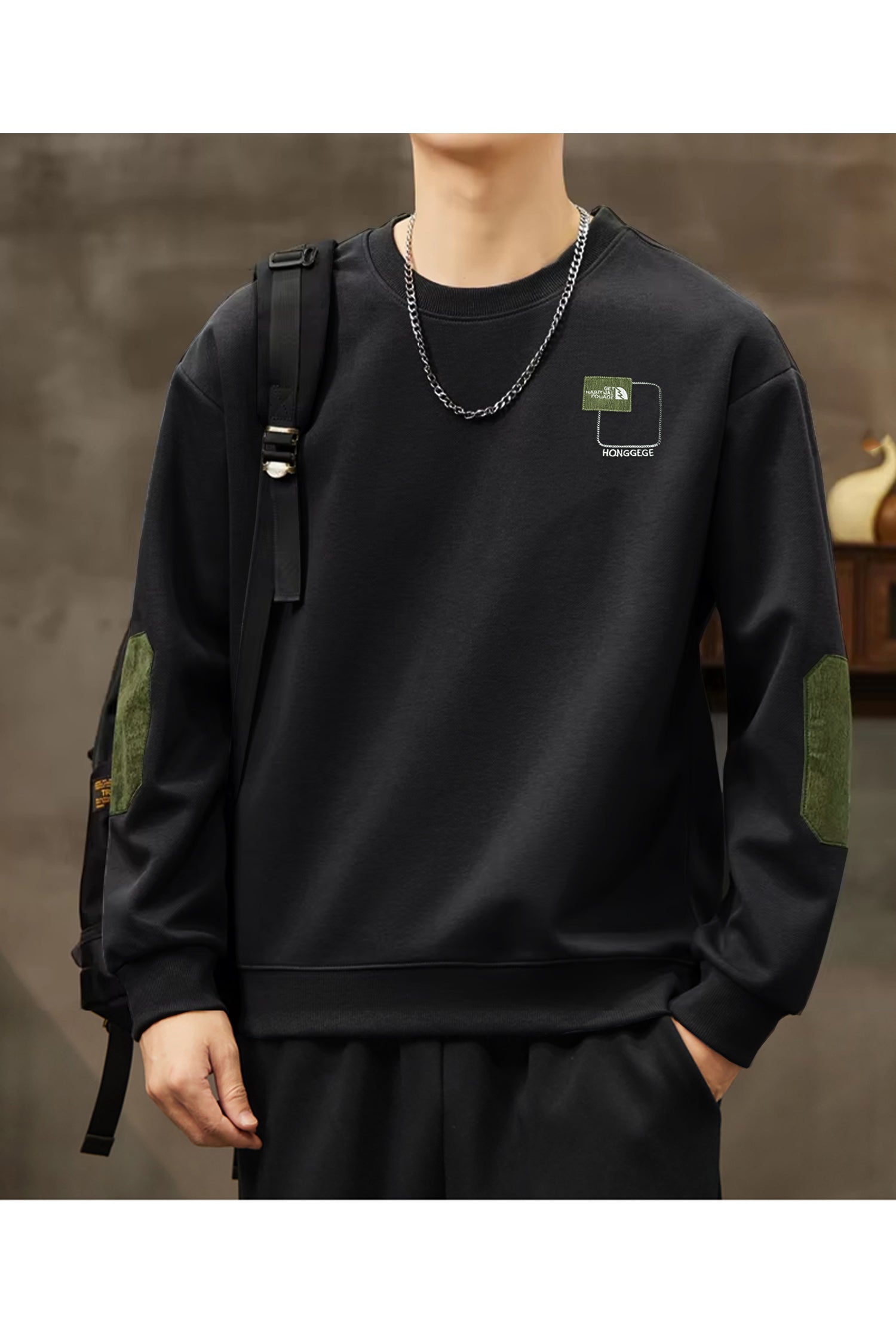 Patch Arm Design Round Neck Imported Men's Sweatshirt