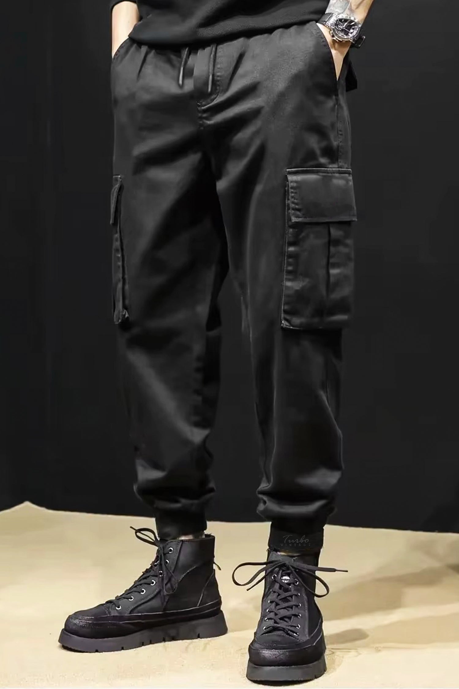 Turbo Vintage Grip Signature Imp Cotton Cargo Trouser In Black