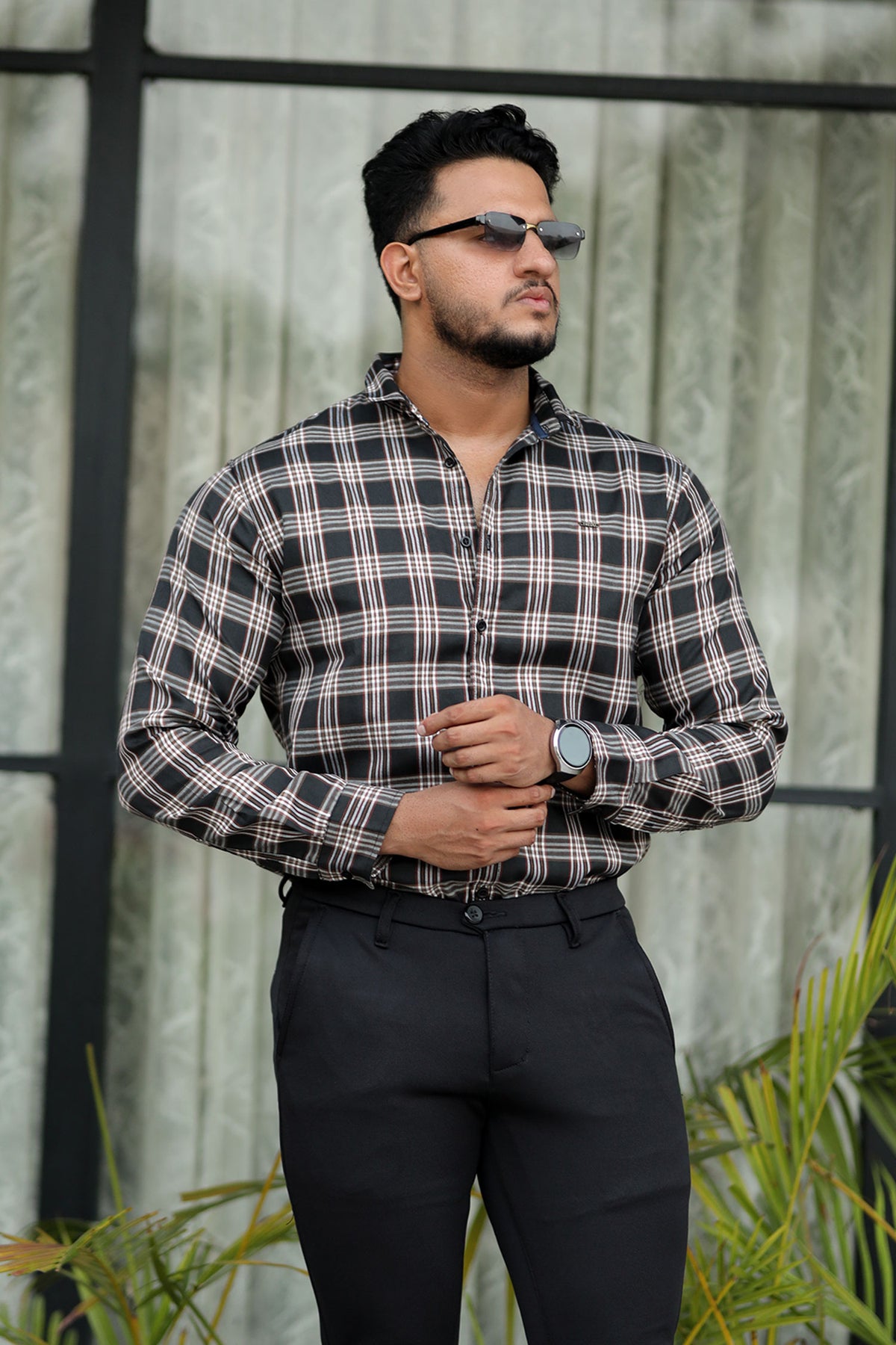 Turbo Tattersall Checkered Long Sleeve Cotton Casual Shirt In Black