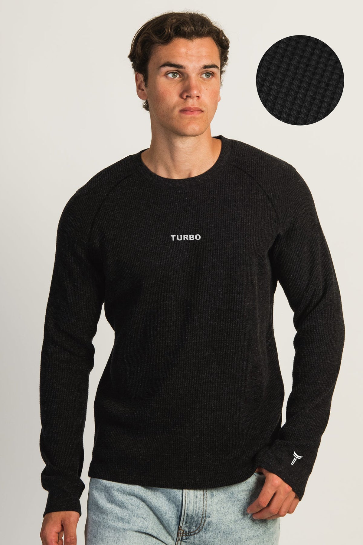 Turbo Waffle Texture Round Neck Thermal Cotton Men's Sweatshirt In Black