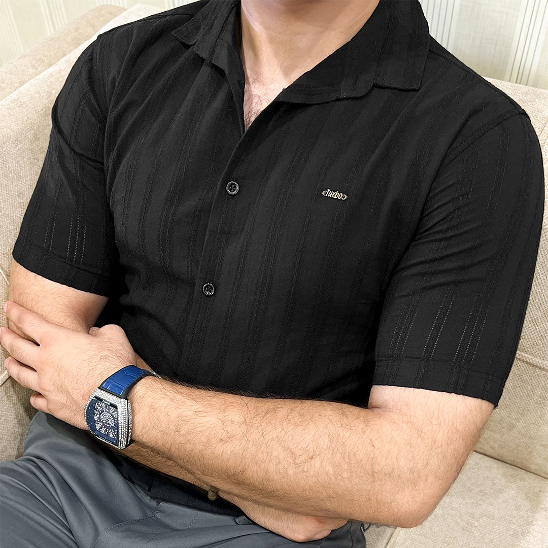 Turbo Wave Texture Crochet Casual Shirt In Black