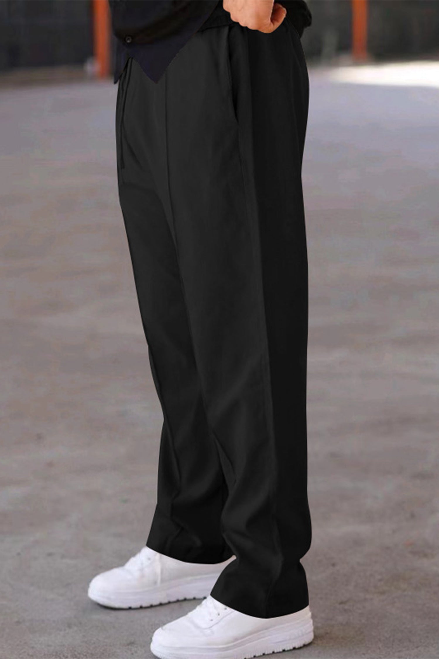 Plain Stripe Line Loose Bottom Trouser In Black