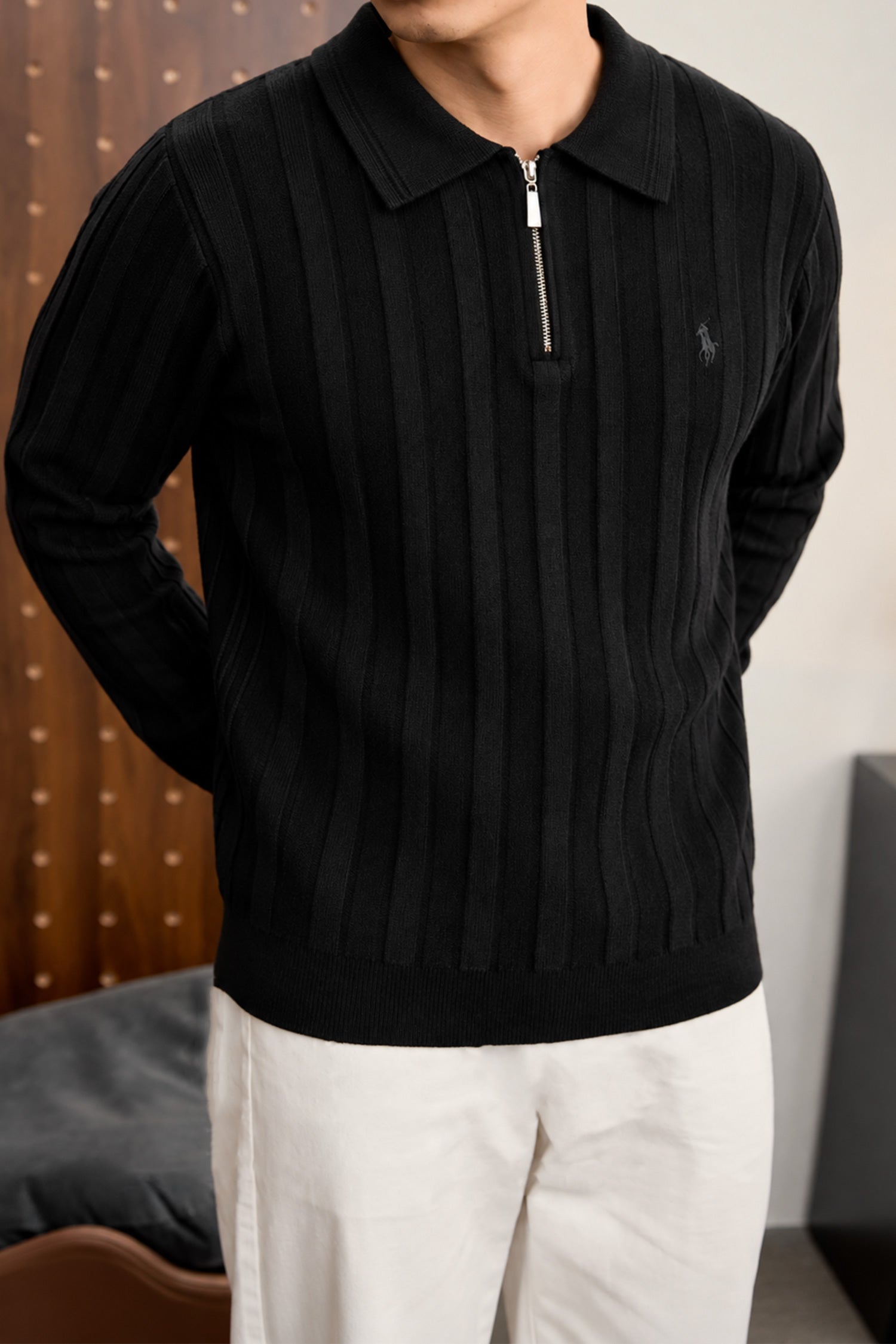 Turbo X Polo Ribbed Texture Quarter-Zip Imported Men's Jumper Sweater In Black