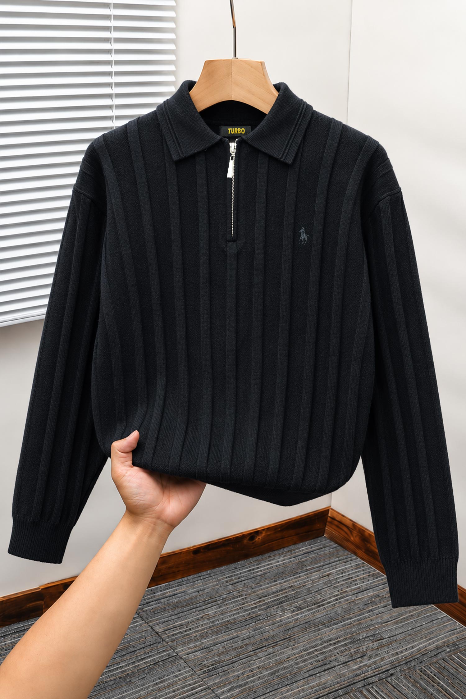 Turbo X Polo Ribbed Texture Quarter-Zip Imported Men's Jumper Sweater In Black