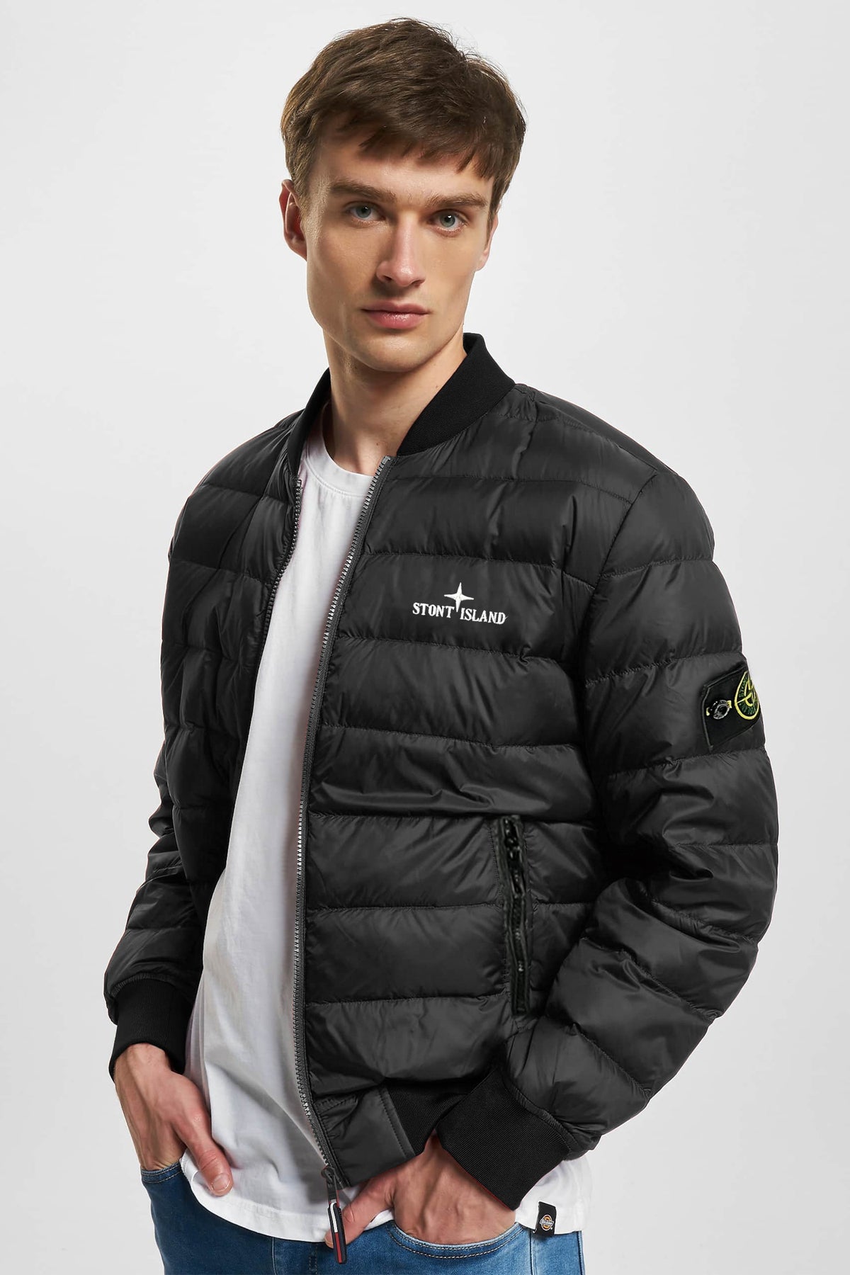 Stont Island Rib Collar Imported Puffer Jacket In Black