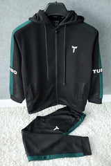 Turbo Hood Style Panel Men Zipper Tracksuit In Black