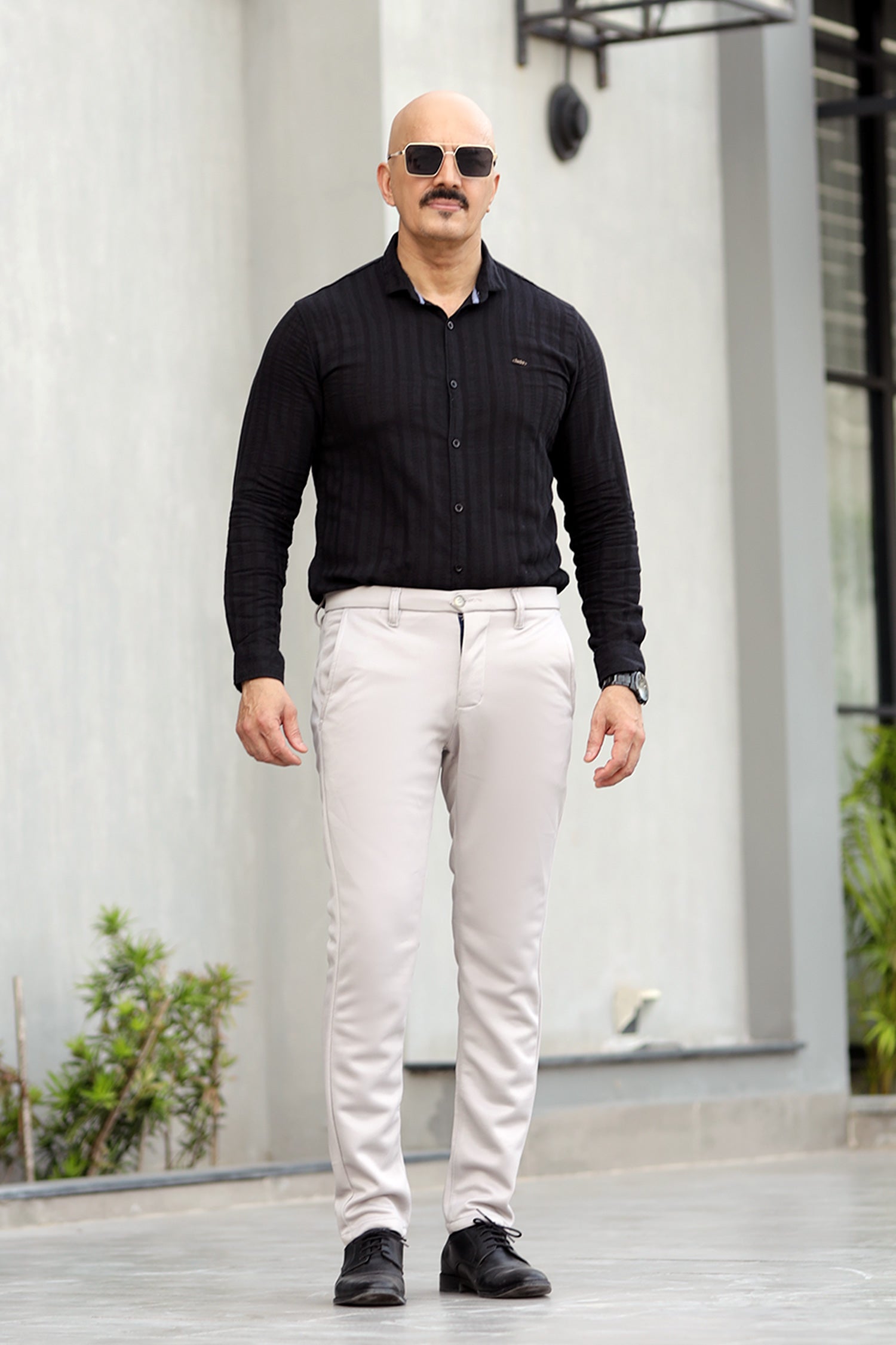 Turbo Self Stripe Motif Long Sleeve Cotton Casual Shirt In Black