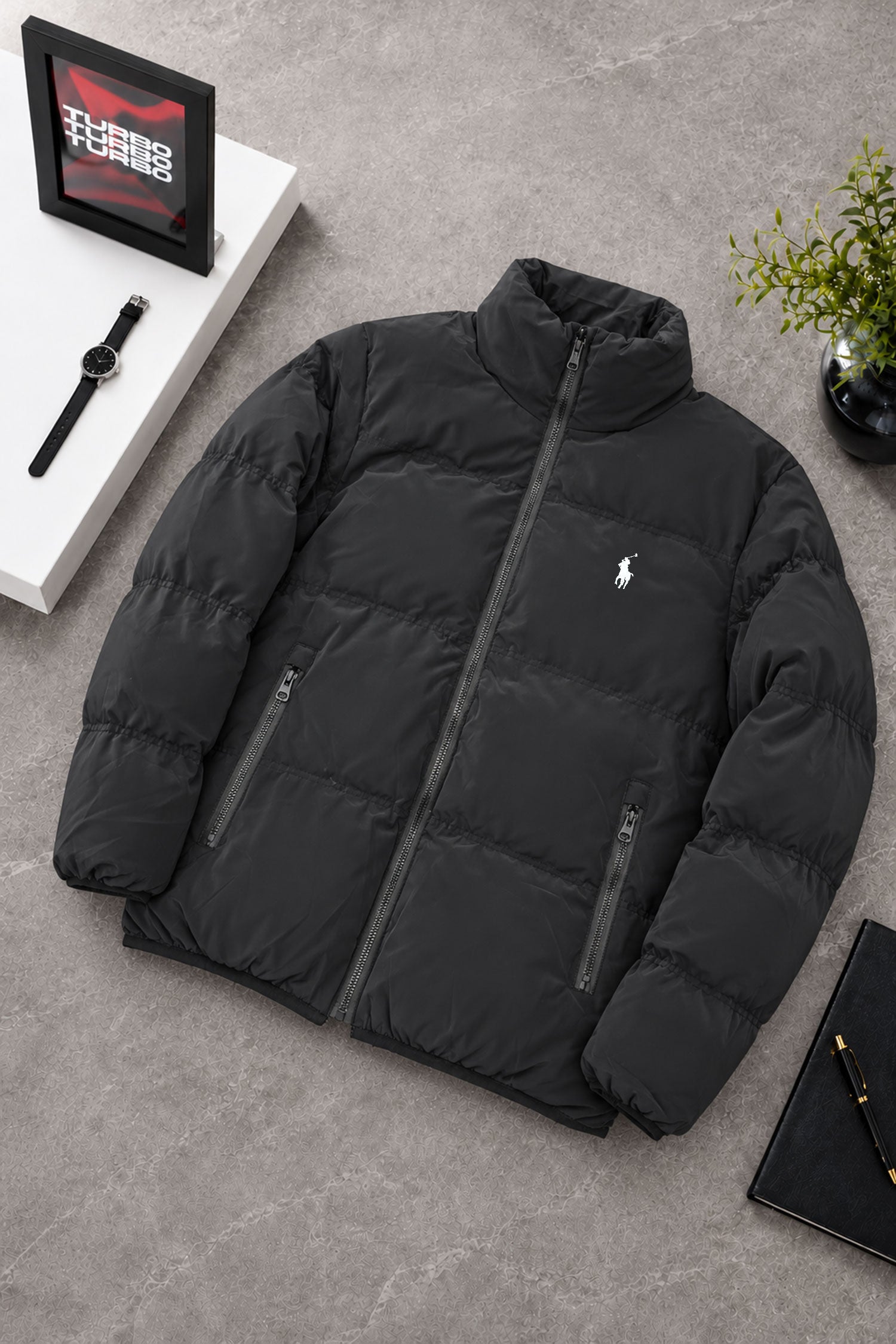 Polo Zipper Water Repellent Imported Puffer Jacket In Black