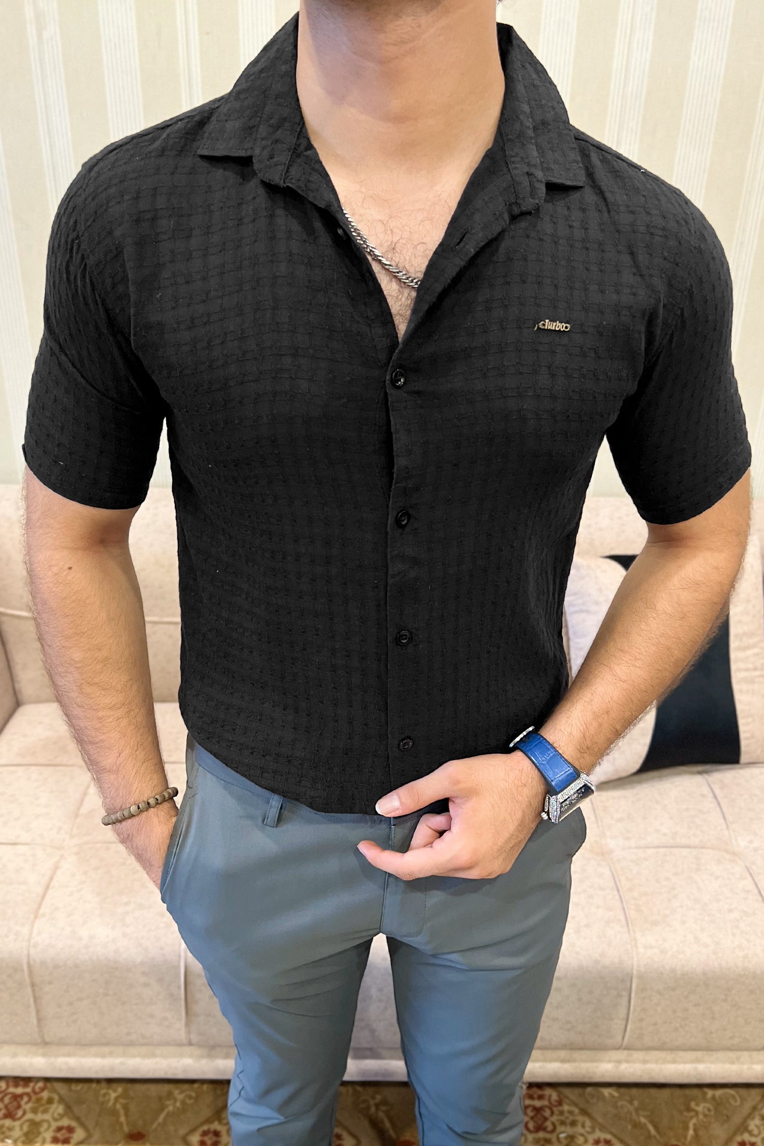 Turbo Designer Motif Embossed Casual Shirt In Black