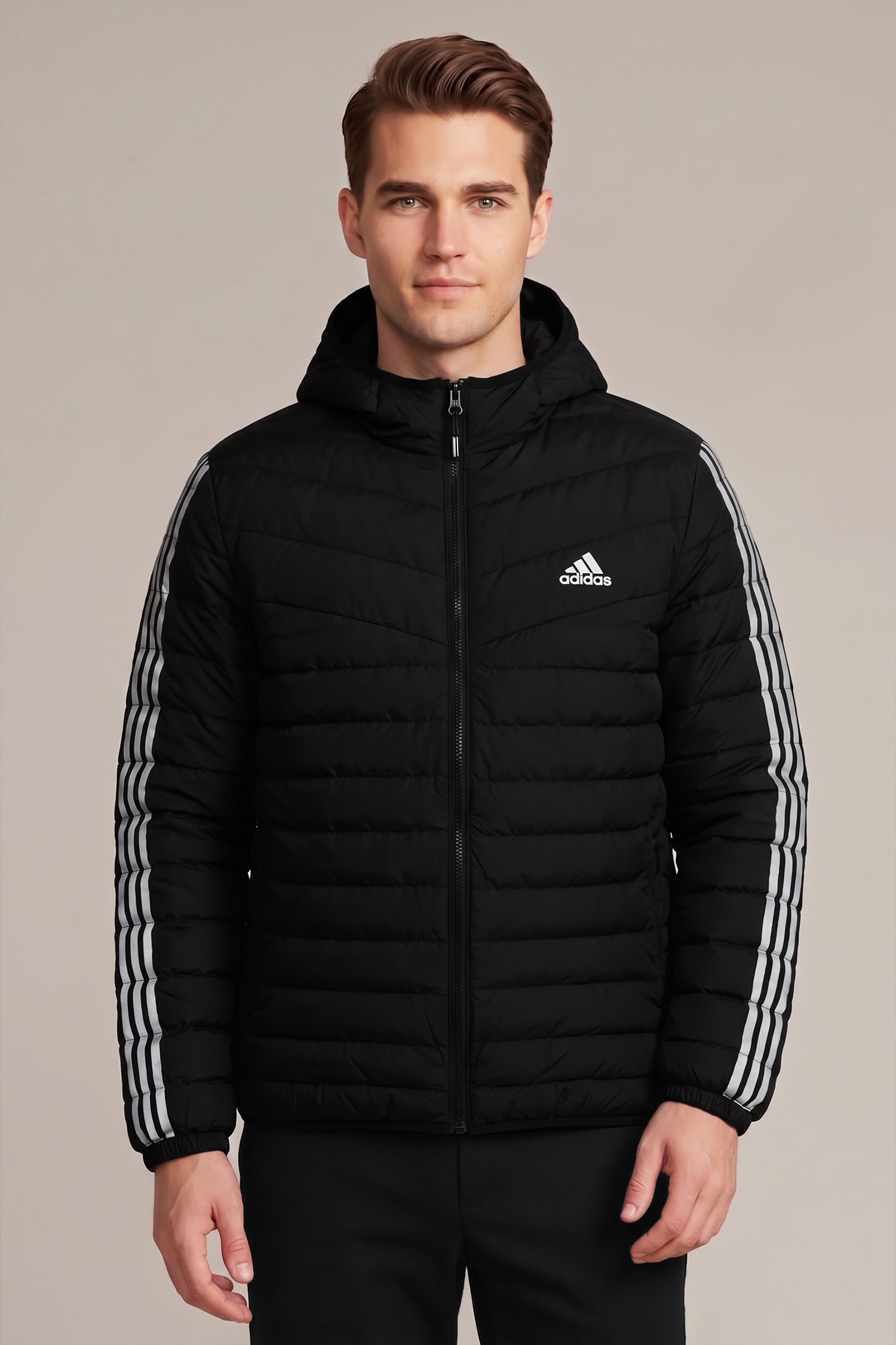 Adds Signature Three-Stripes Bubble Puffer Jacket In Black