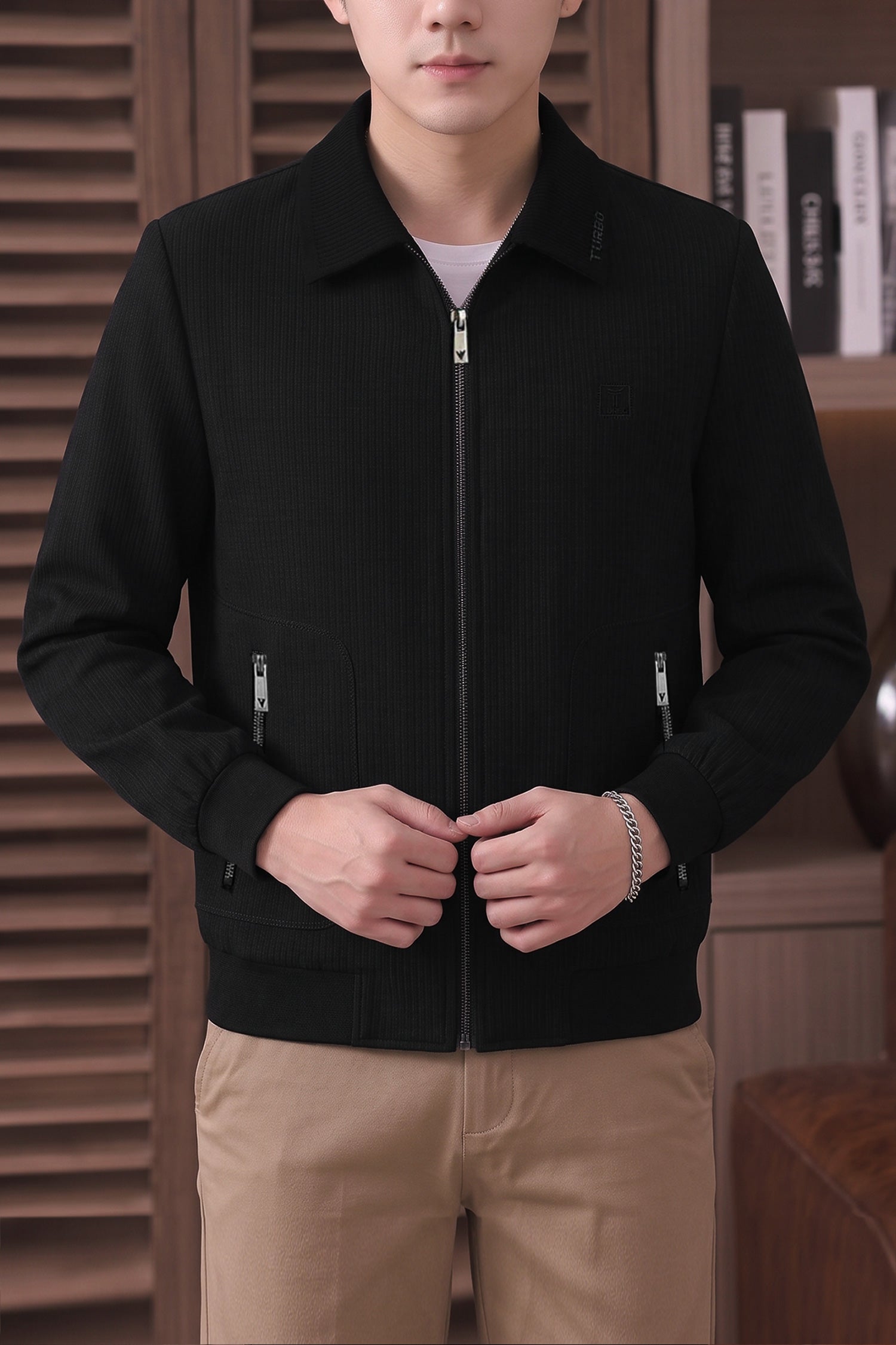 Turbo Textured Stripe Design Imp Men's Wool Jacket In Black