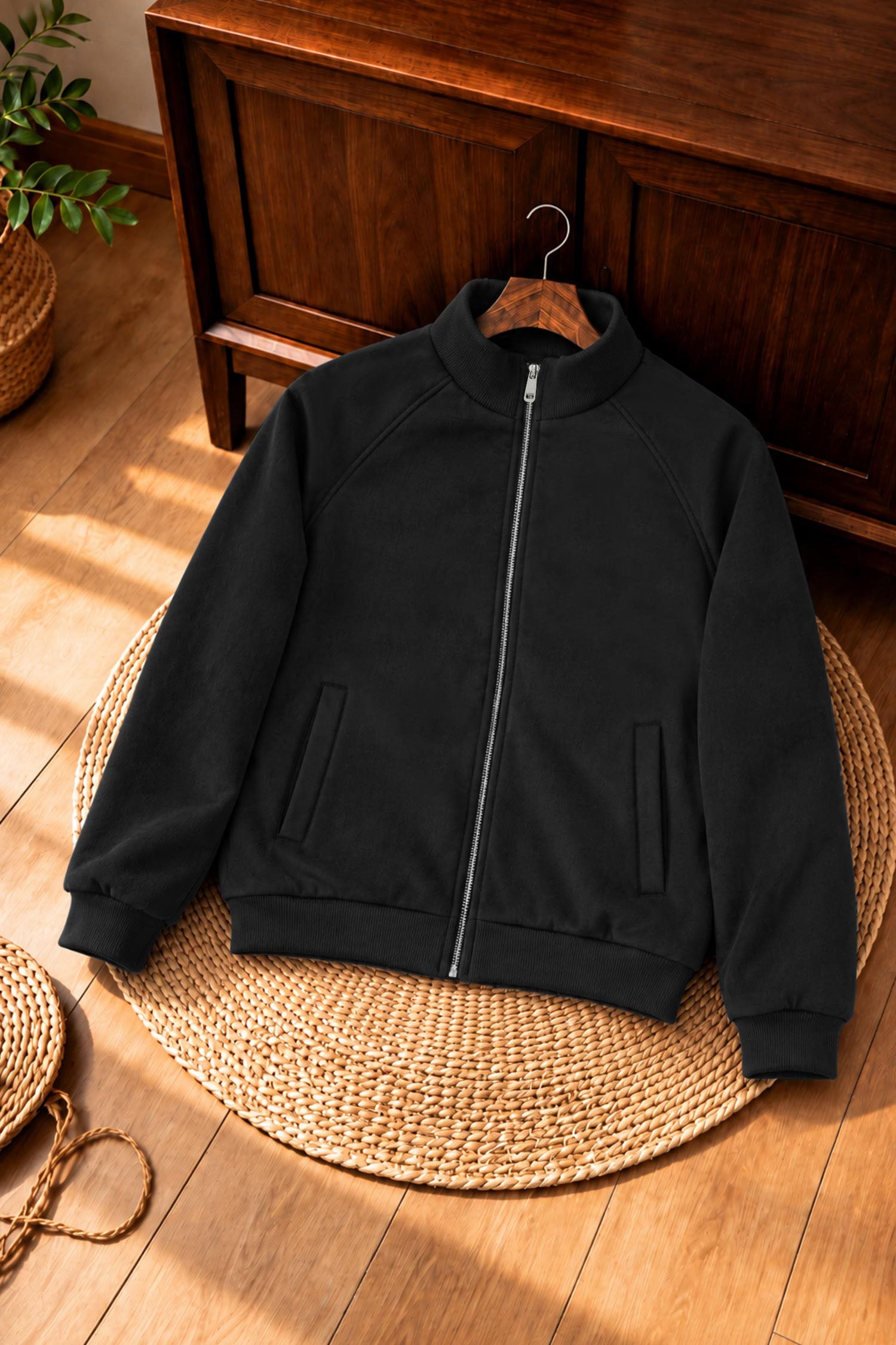 Turbo Zip-Through Mock Neck Imported Men's Suede Jacket In Black