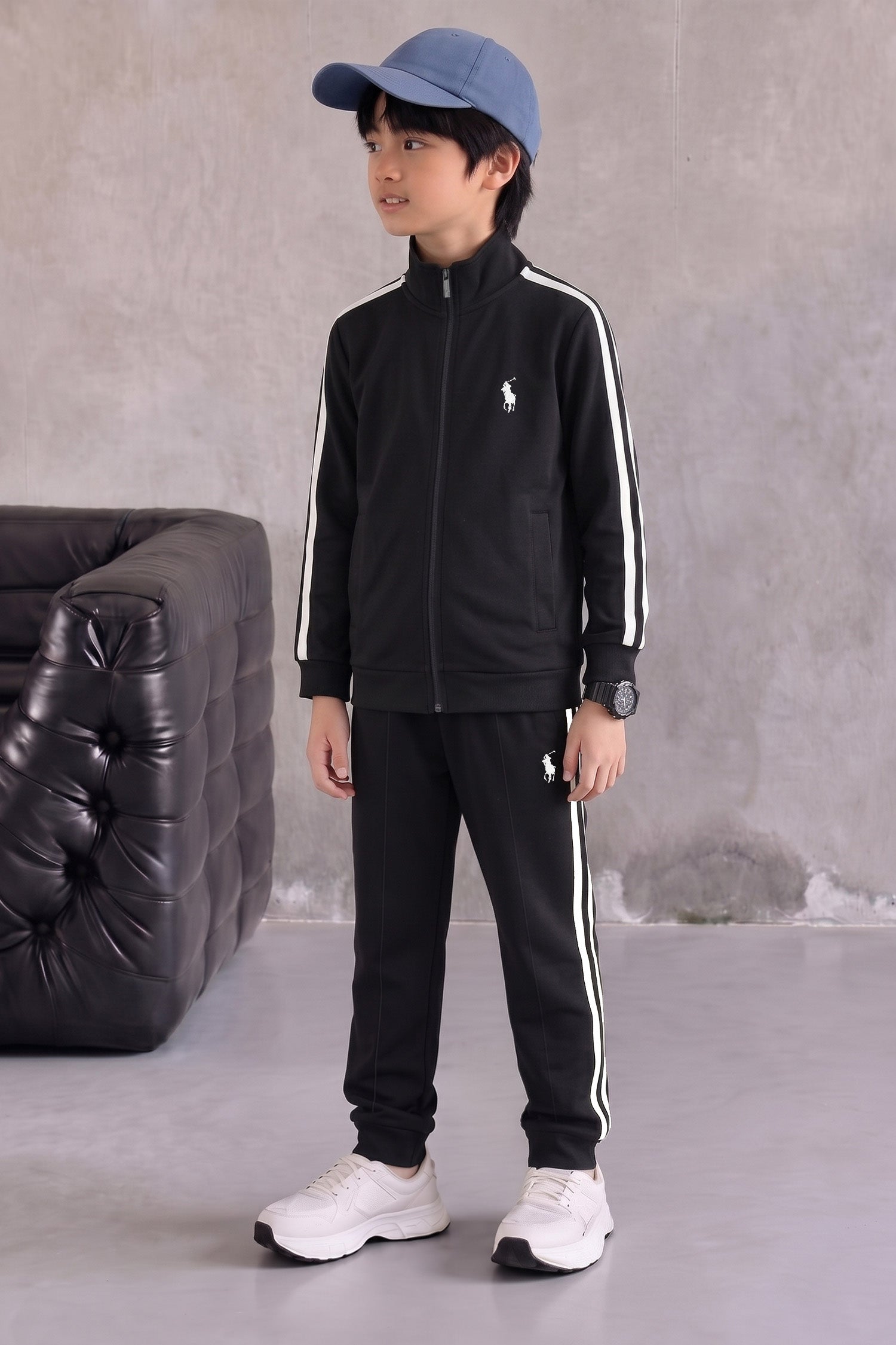Polo Pony Style Side Stripe Zipper Kid's Co-Ord Set In Black