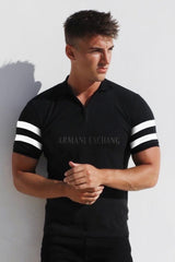 Armni Exchnge A|X Stitch Thread Zip Collar Men's Polo Shirt In Black