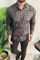 Turbo Retro Flower Motif Long Sleeve Cotton Casual Shirt In Black