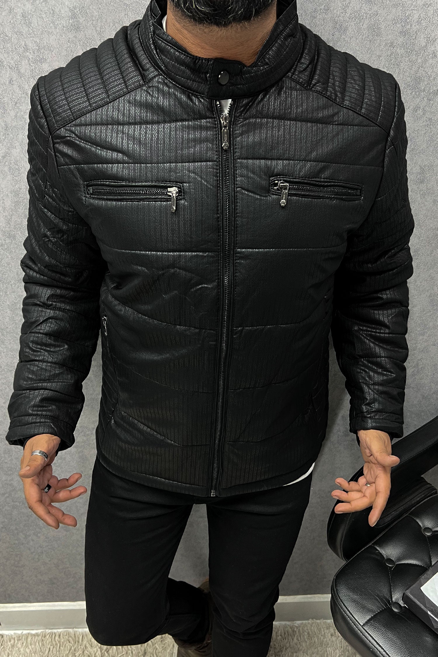 Self Textured Zipper Pockets Men's Imported Suede Leather Jacket