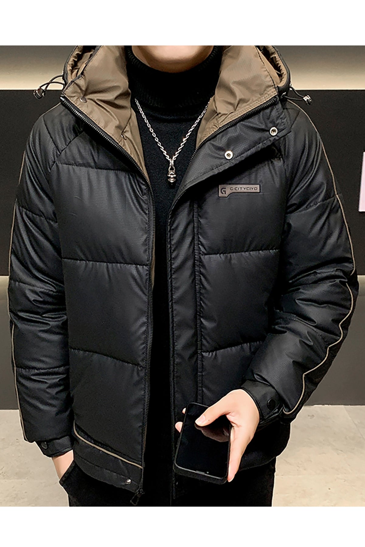 Self Block Pattern Padded Hooded Imported Puffer Jacket