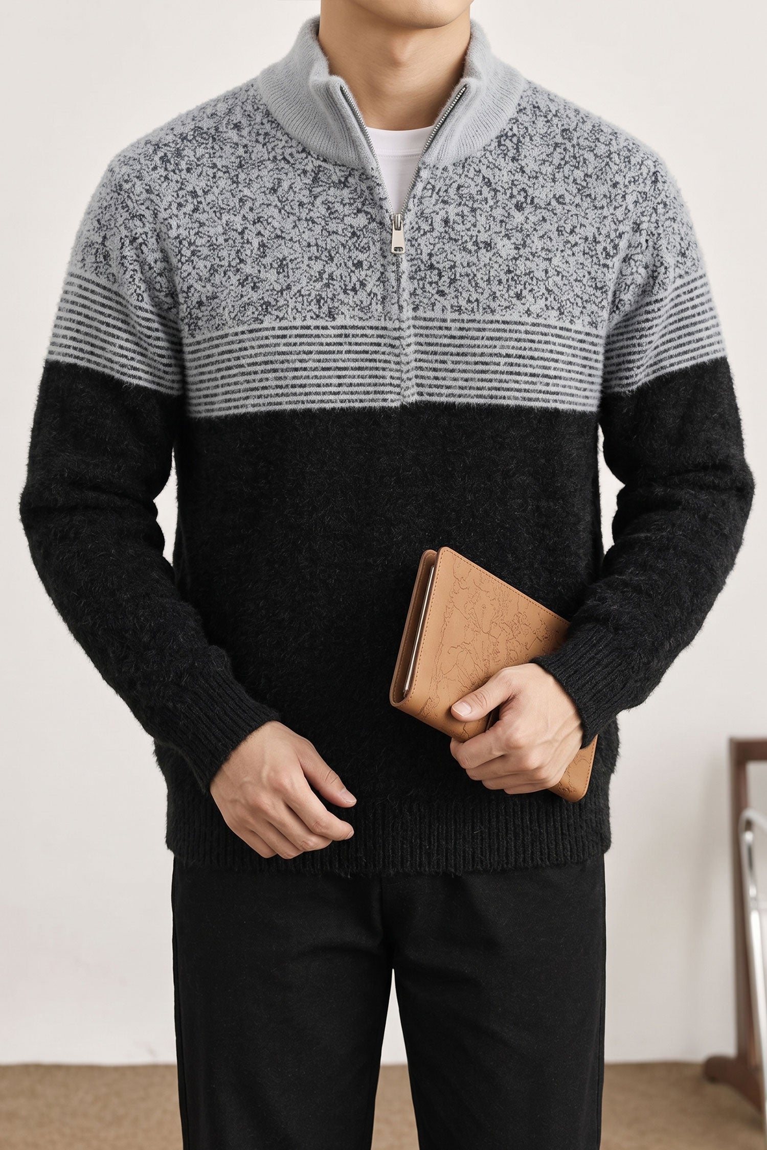 Organic Color-Block Quarter-Zip Imported Rabbit Wool Men's Sweater In Black&Grey