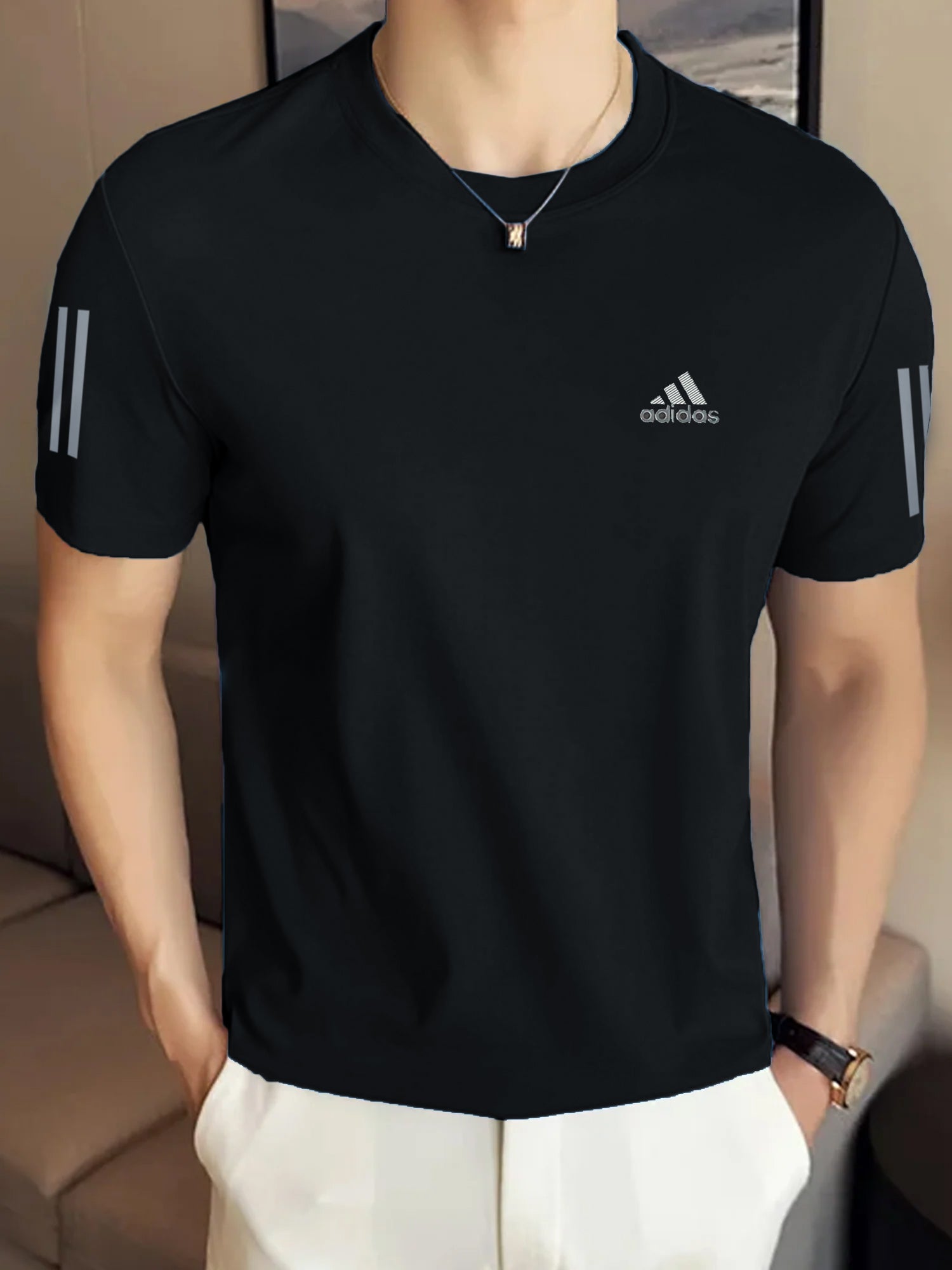 Adds Half Tri-Line Strips Round Neck T-Shirt