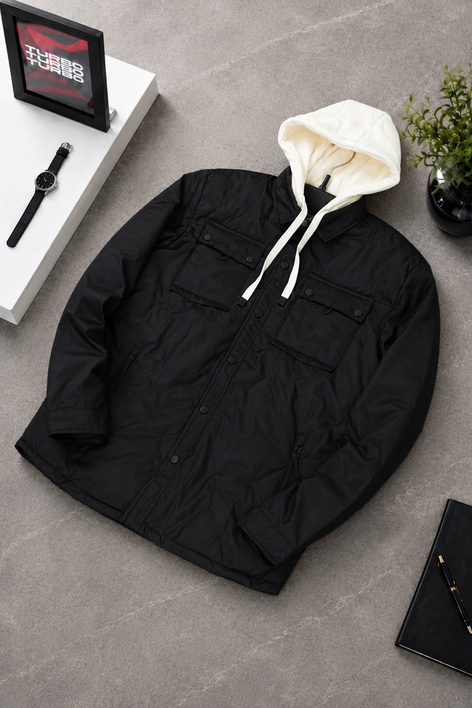Men's Casual Quilted Detachable Hood Imported Puffer Jacket In Black