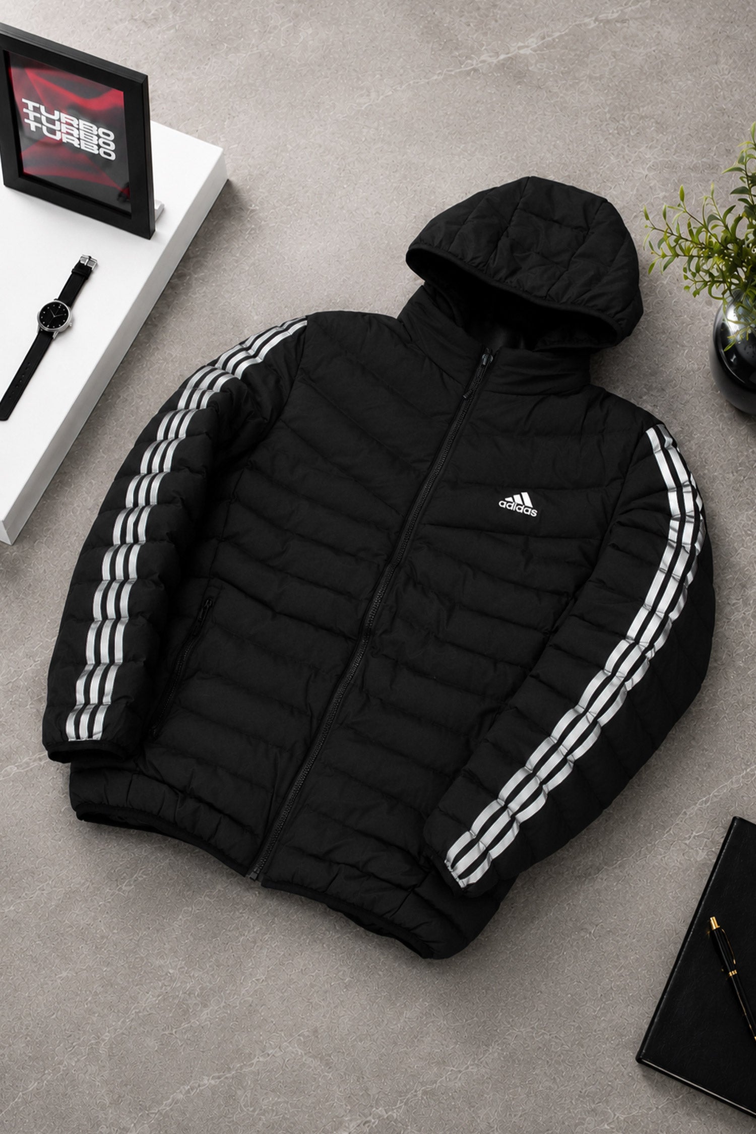 Adds Signature Three-Stripes Bubble Puffer Jacket In Black