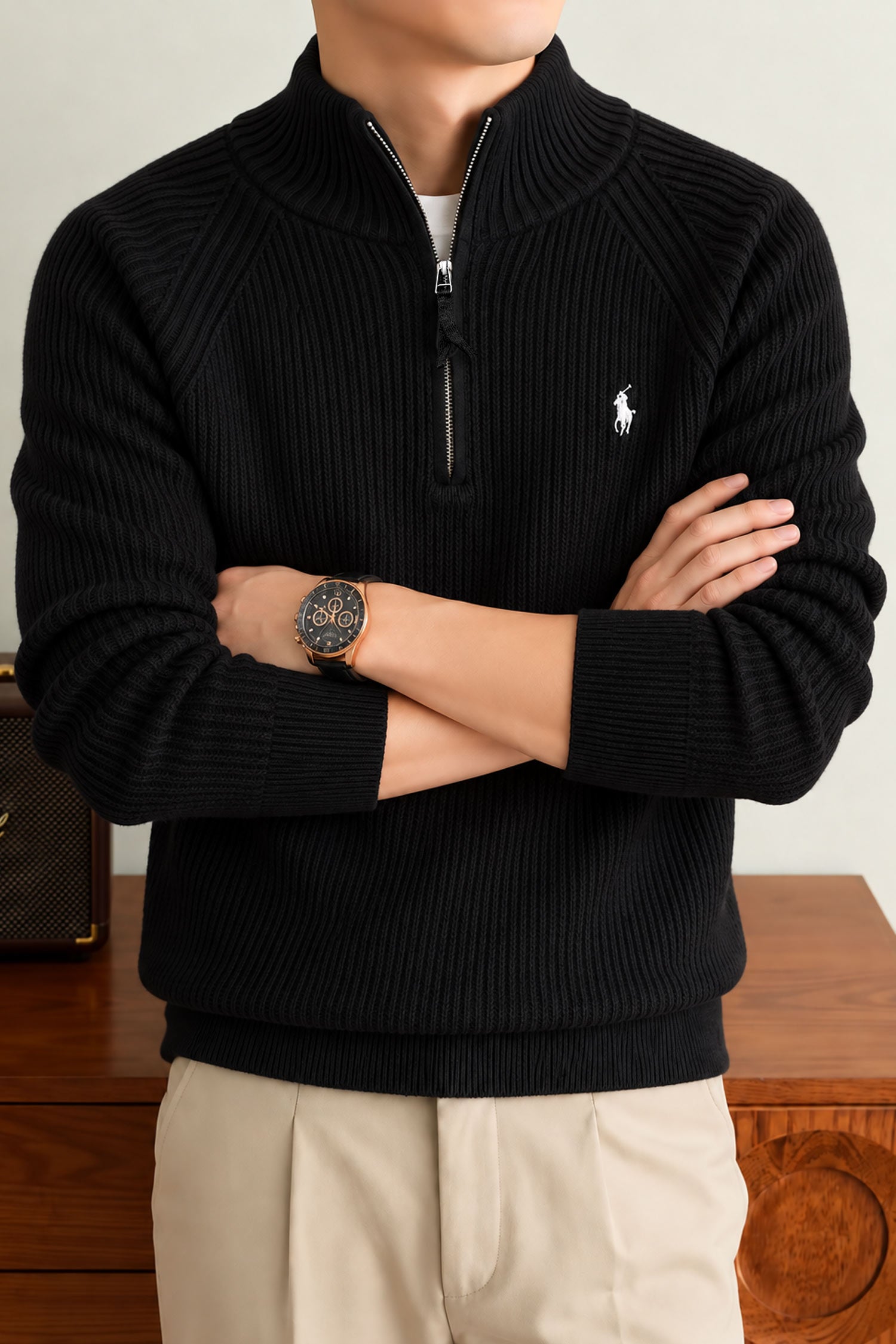 Polo Pony Winter Old Money Pullover Imported Men's Jumper Sweater In Black