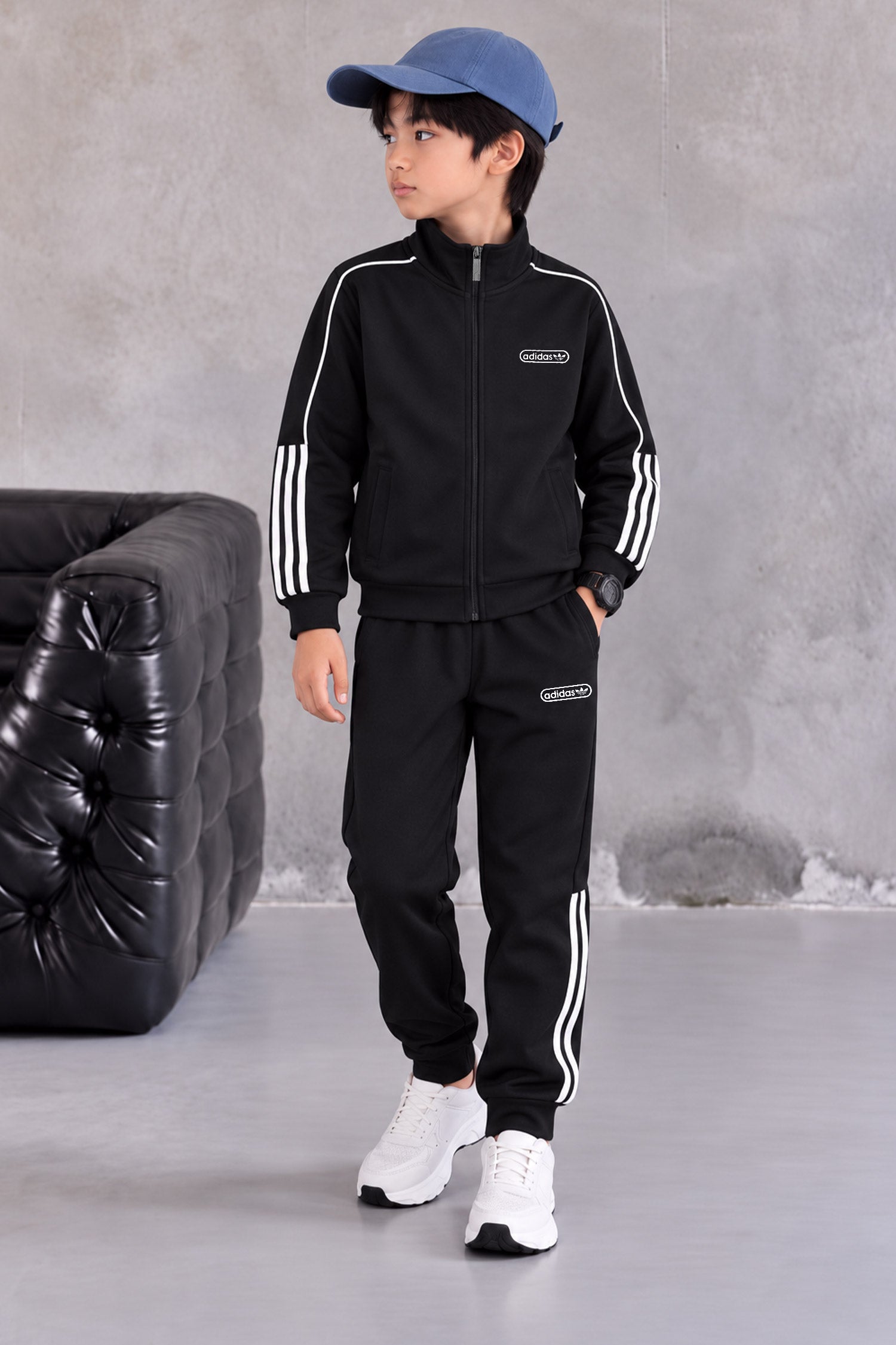 Adds Classic-Retro Lining Zipper Kid's Co-Ord Set In Black