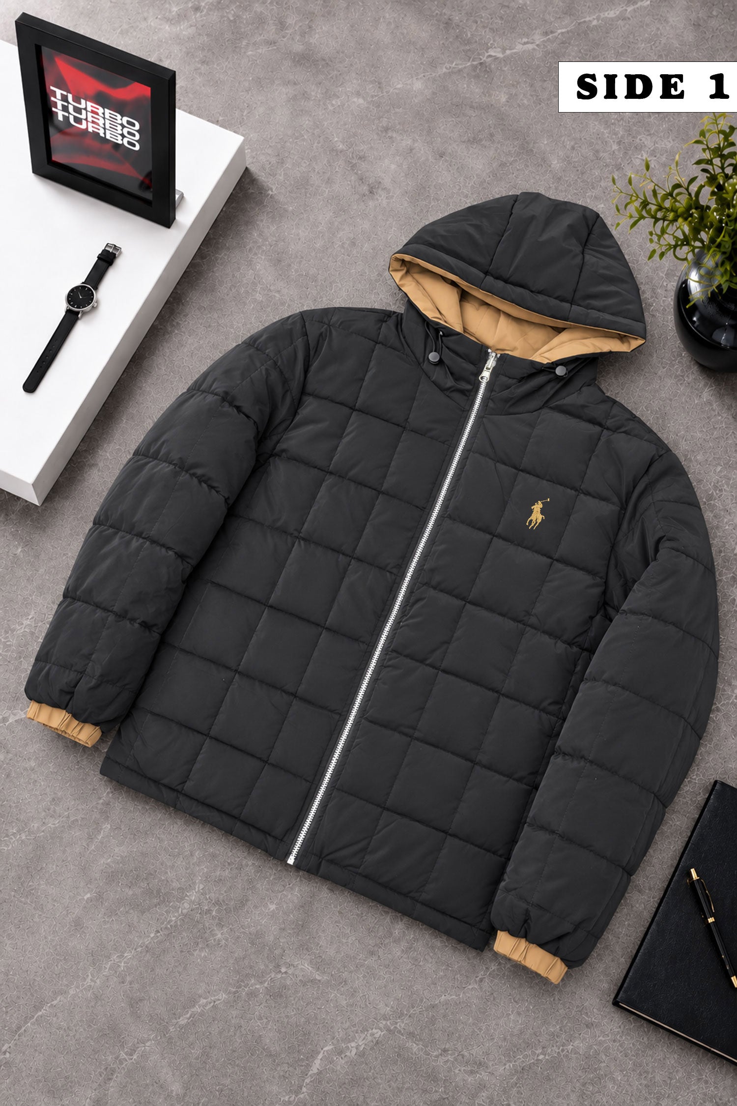 Polo Square-Pattern Dual Color Hooded Imported Puffer Jacket In Black