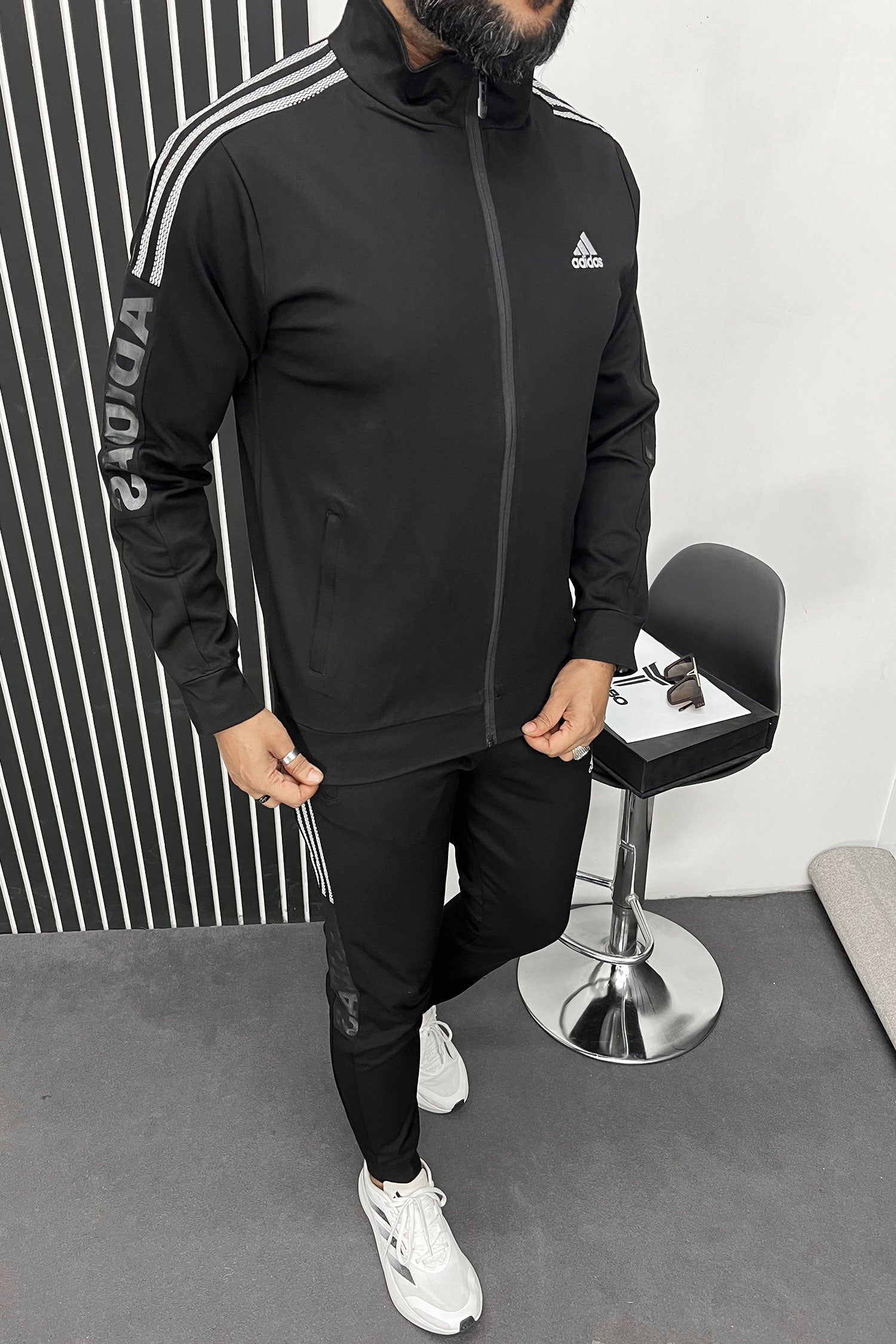 Adds Half Stripes Sportswear Men Zipper Tracksuit