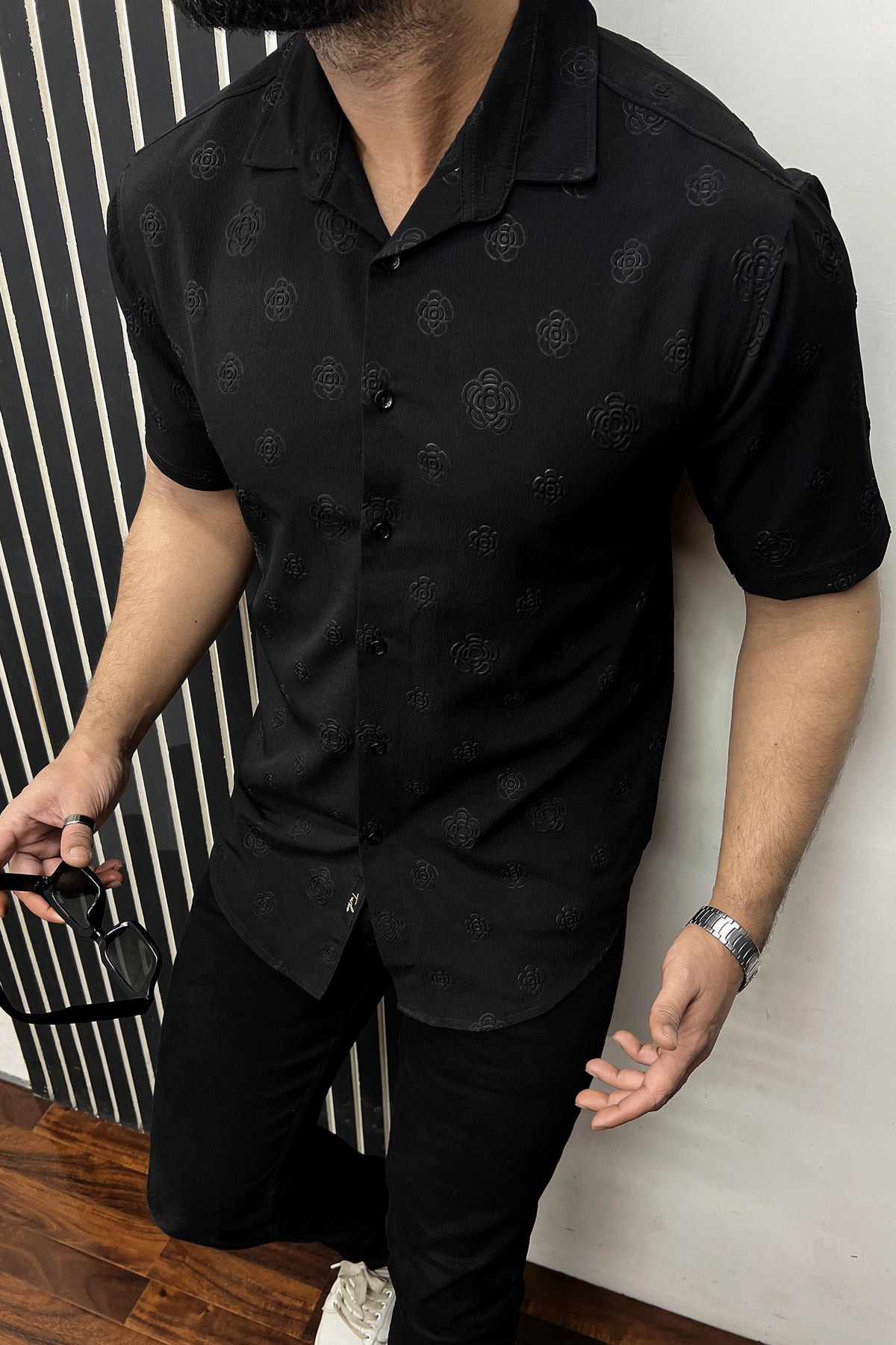 Embossed Floral All Over Casual Shirt In Black