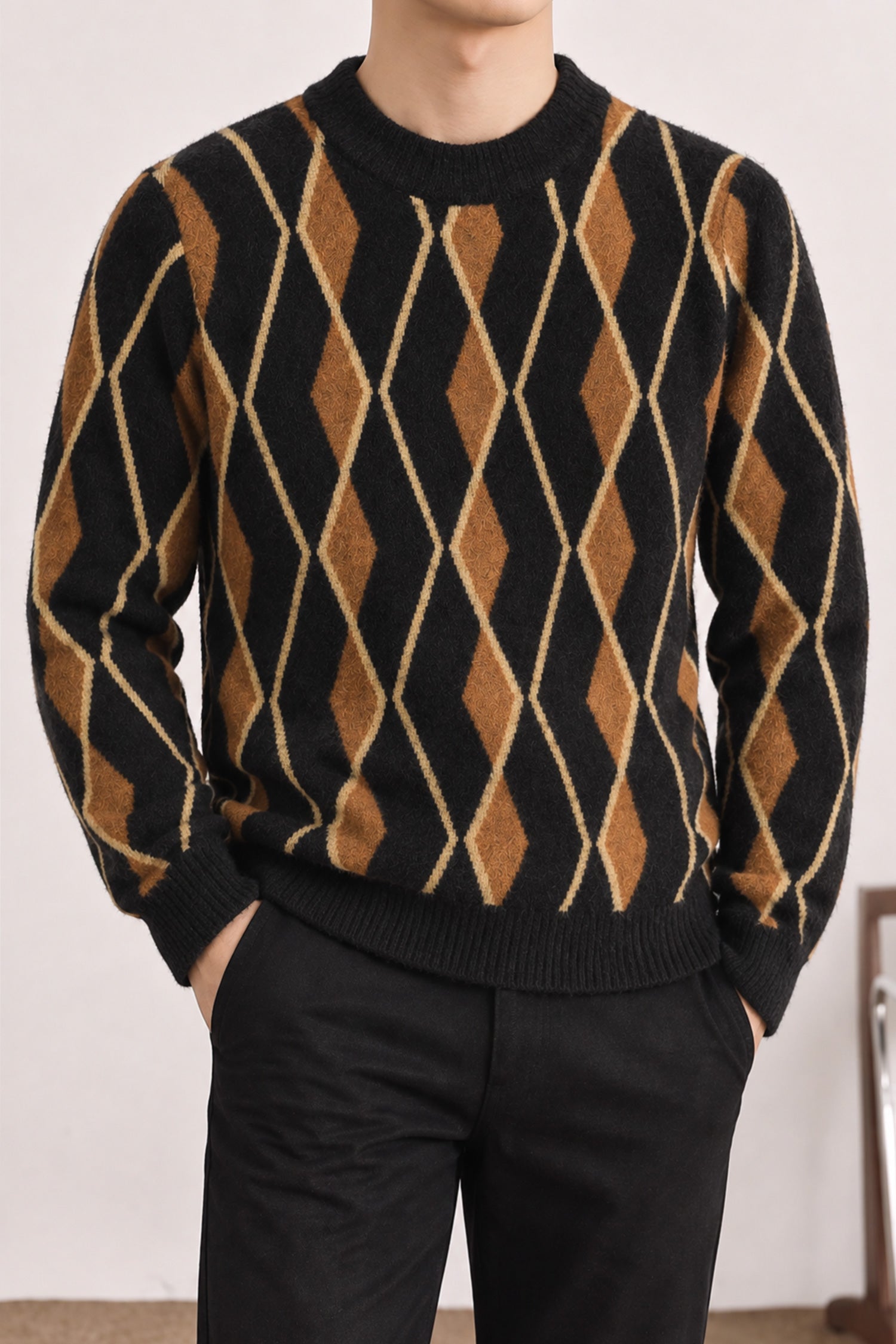 Diamond-Cut Pattern Imported Round Neck Rabbit Wool Men's Sweater In Black