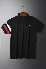 Tmy Hlfgr Monotype Flag Arm Men's Polo Shirt In Black