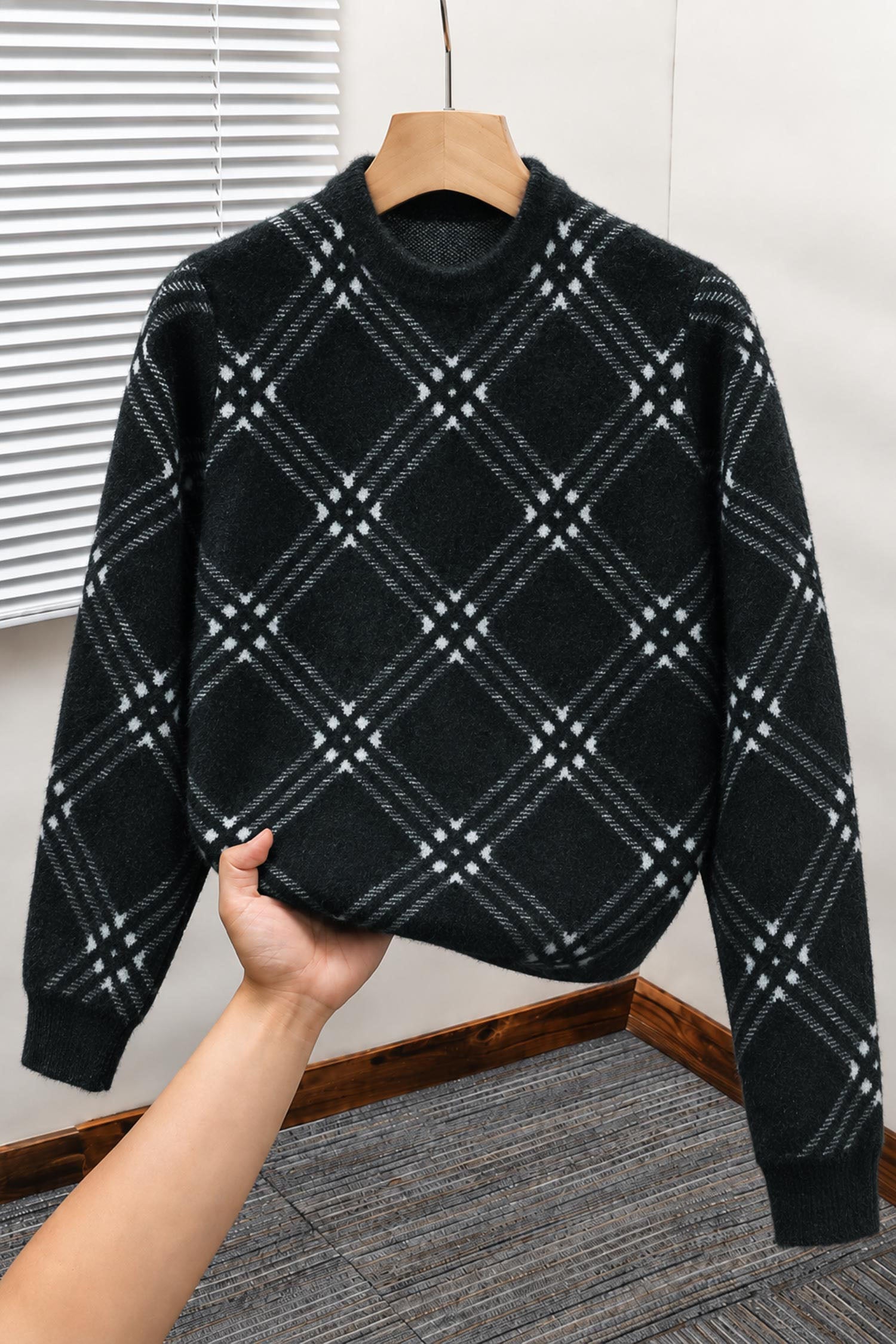 Checkered Plaid Pattern Imported Round Neck Rabbit Wool Men's Sweater In Black