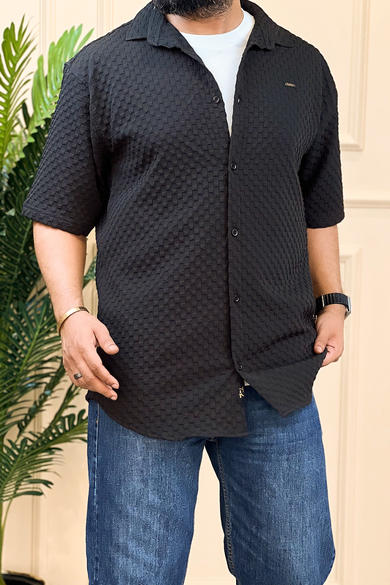 Turbo Popcorn Cuba Waffle Casual Shirt In Black