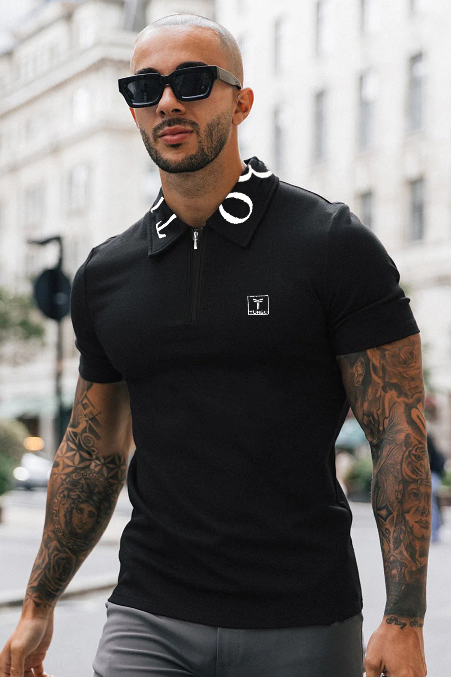 Turbo Letter Writing Zip Collar Men's Polo Shirt