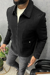 Button Pockets Design Imported Men's Woolen Jacket In Black