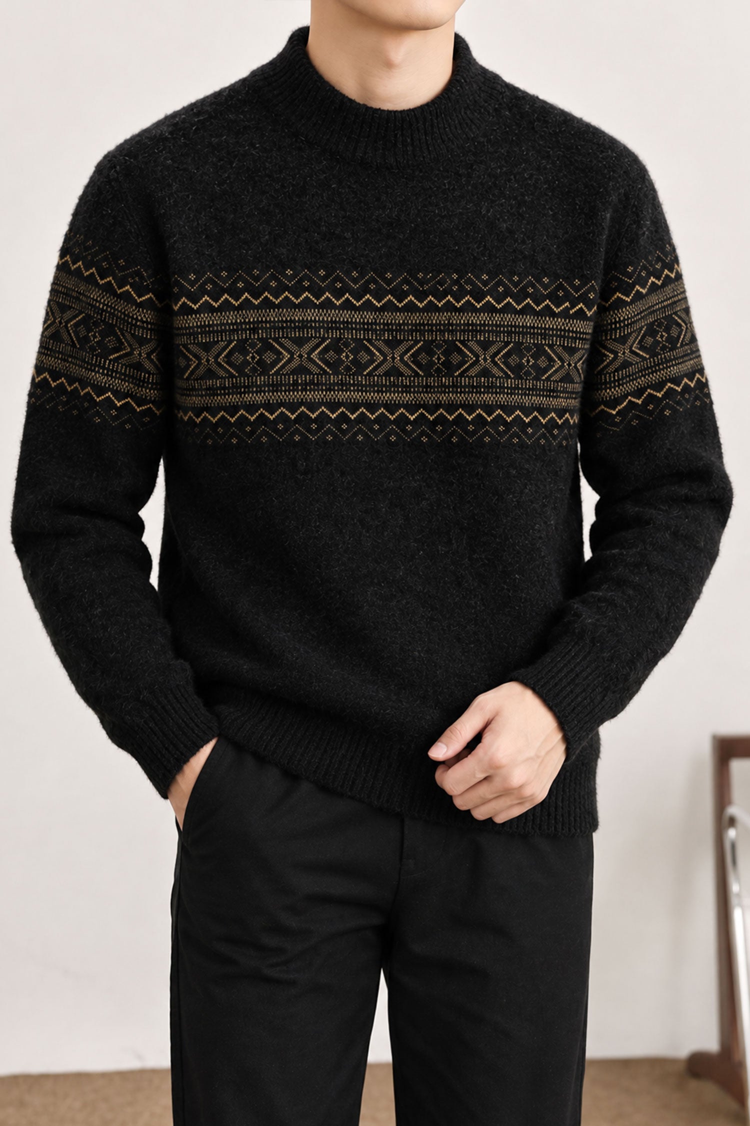 Nordic Pullover Pattern Imported Round Neck Rabbit Wool Men's Sweater In Black