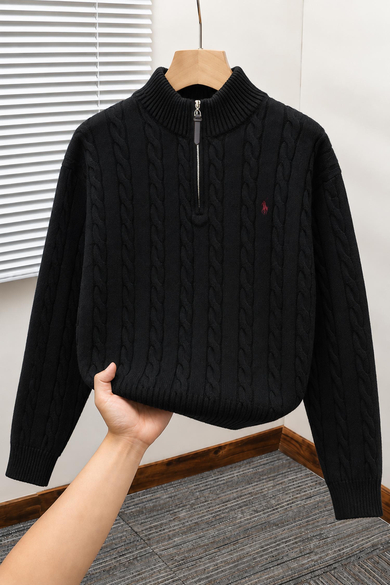 Polo Pony Half-Zip Cable Knit Texture Imported Men's Jumper Sweater In Black