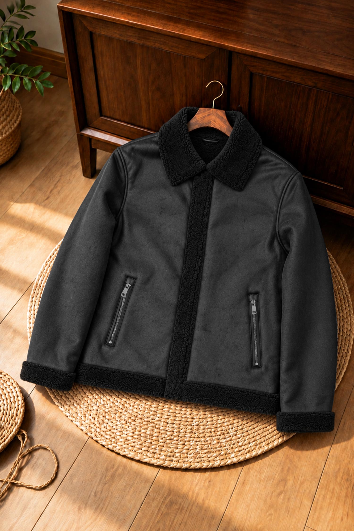 Turbo Sherpa Lined Imported Men's Suede Jacket In Black