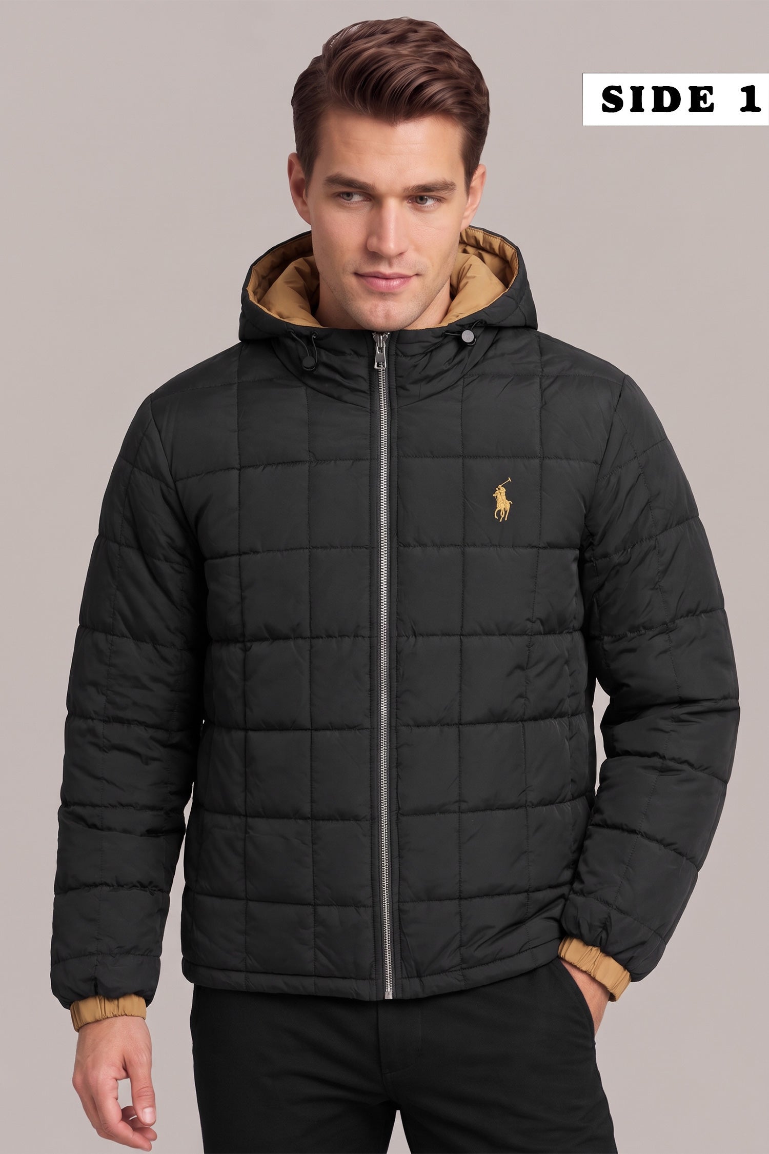 Polo Square-Pattern Dual Color Hooded Imported Puffer Jacket