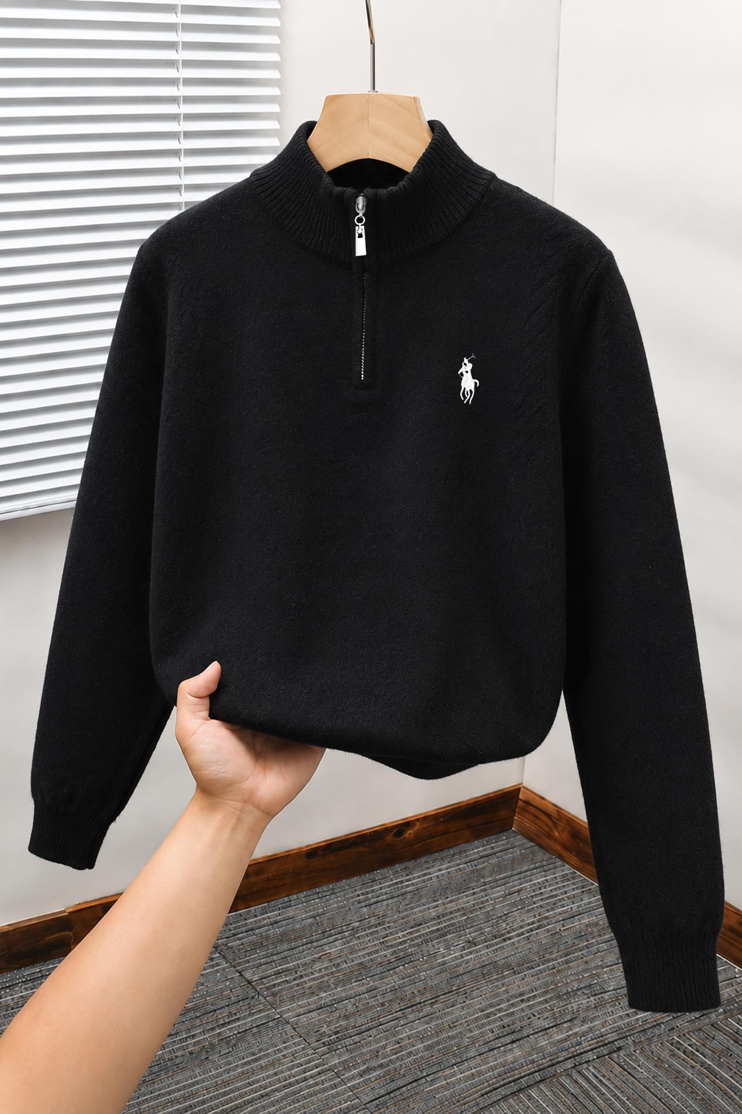 Polo Mock Neck Pullover Half-Knit Zip Imported Men's Jumper Sweater In Black