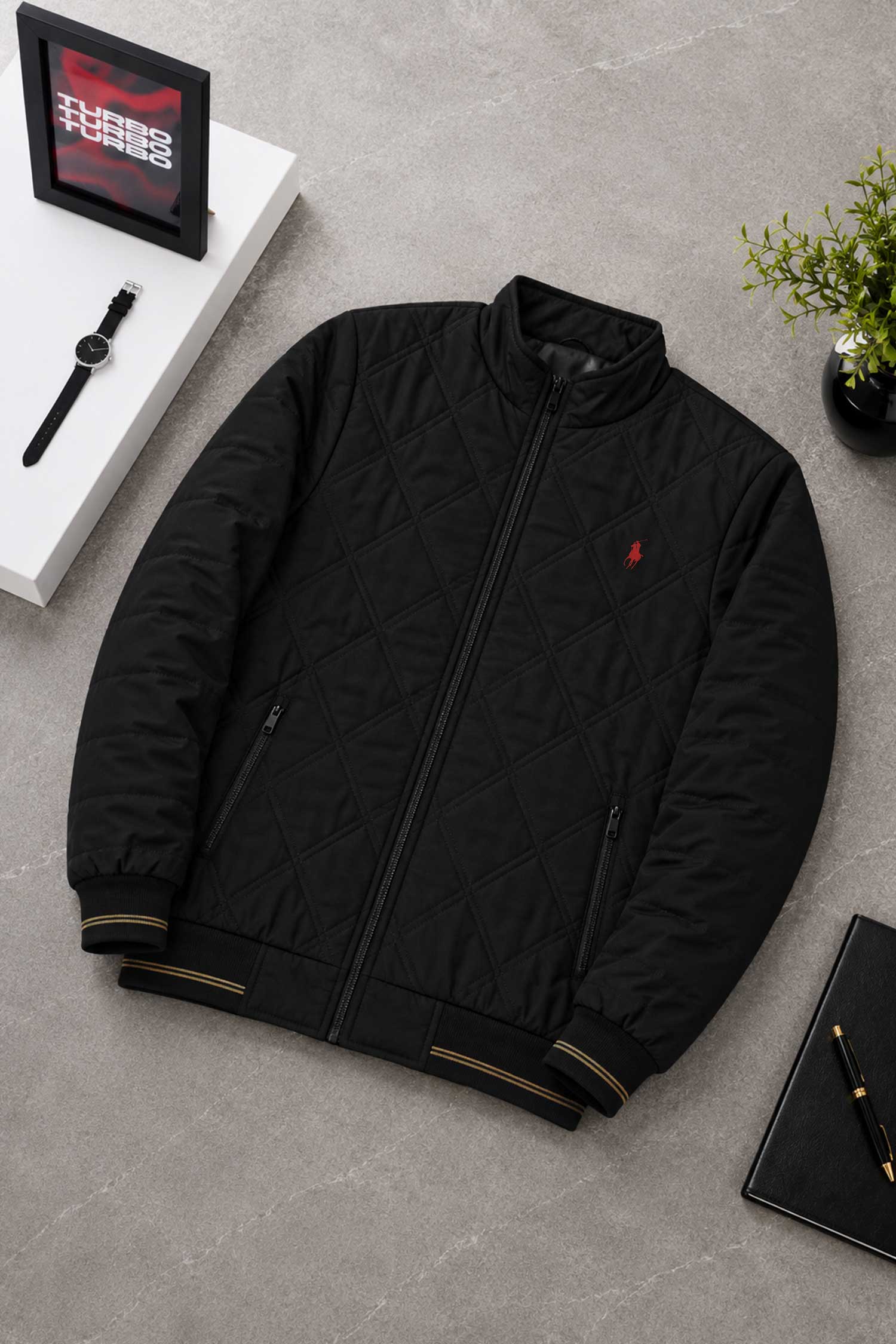 Polo R//L Quilted Diamond Cut Imported Parachute Puffer Jacket In Black
