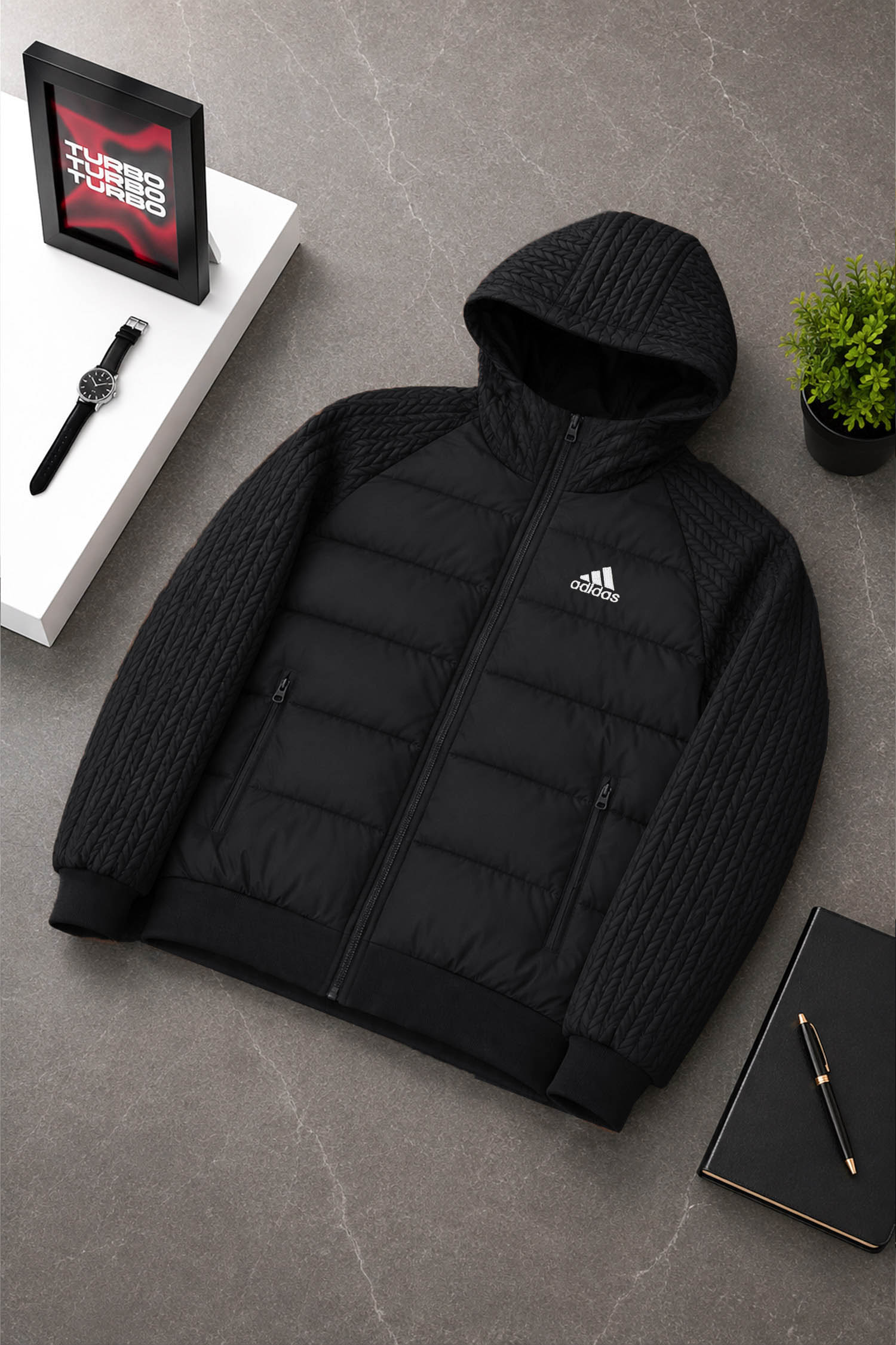 Adds Essentials Hybrid Hooded Imported Puffer Jacket In Black