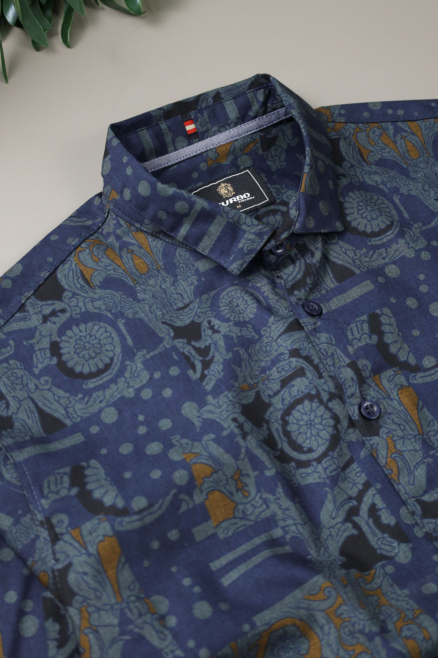 Turbo Retro Flower Motif Long Sleeve Cotton Casual Shirt In Blue