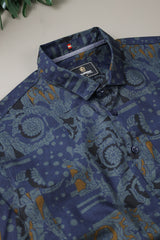 Turbo Retro Flower Motif Long Sleeve Cotton Casual Shirt In Blue