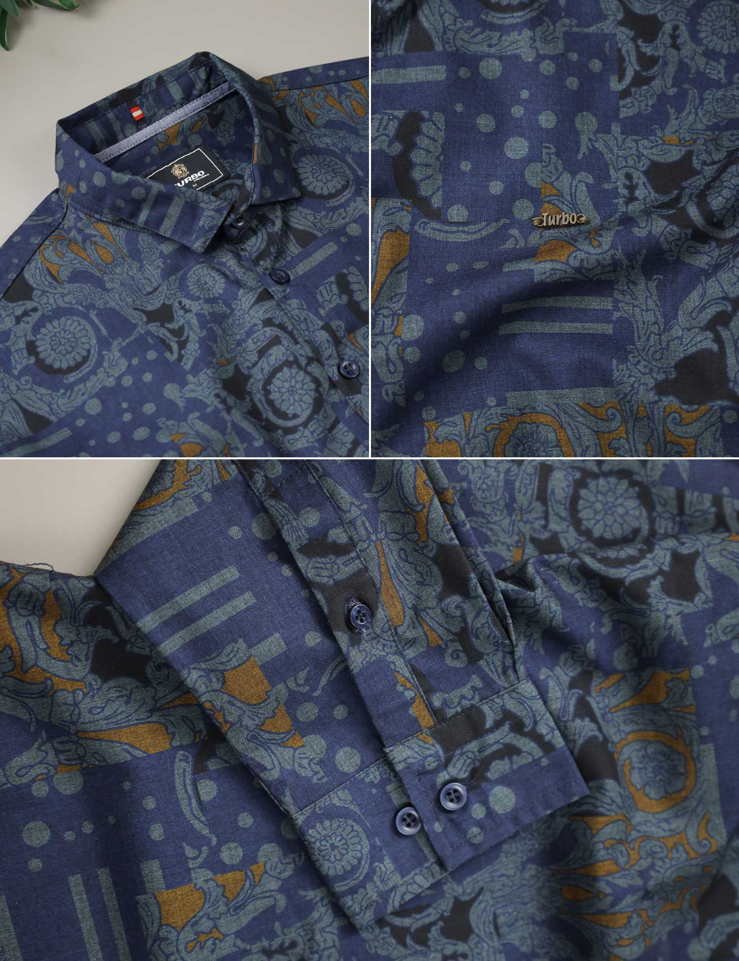 Turbo Retro Flower Motif Long Sleeve Cotton Casual Shirt In Blue