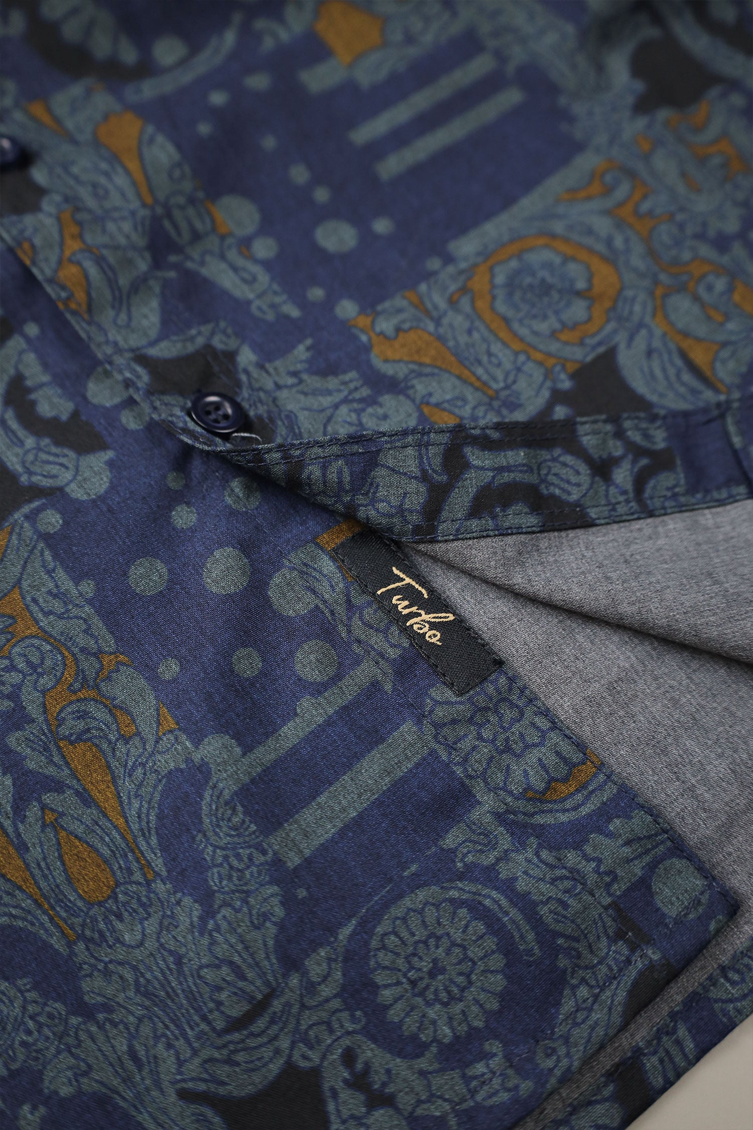 Turbo Retro Flower Motif Long Sleeve Cotton Casual Shirt In Blue