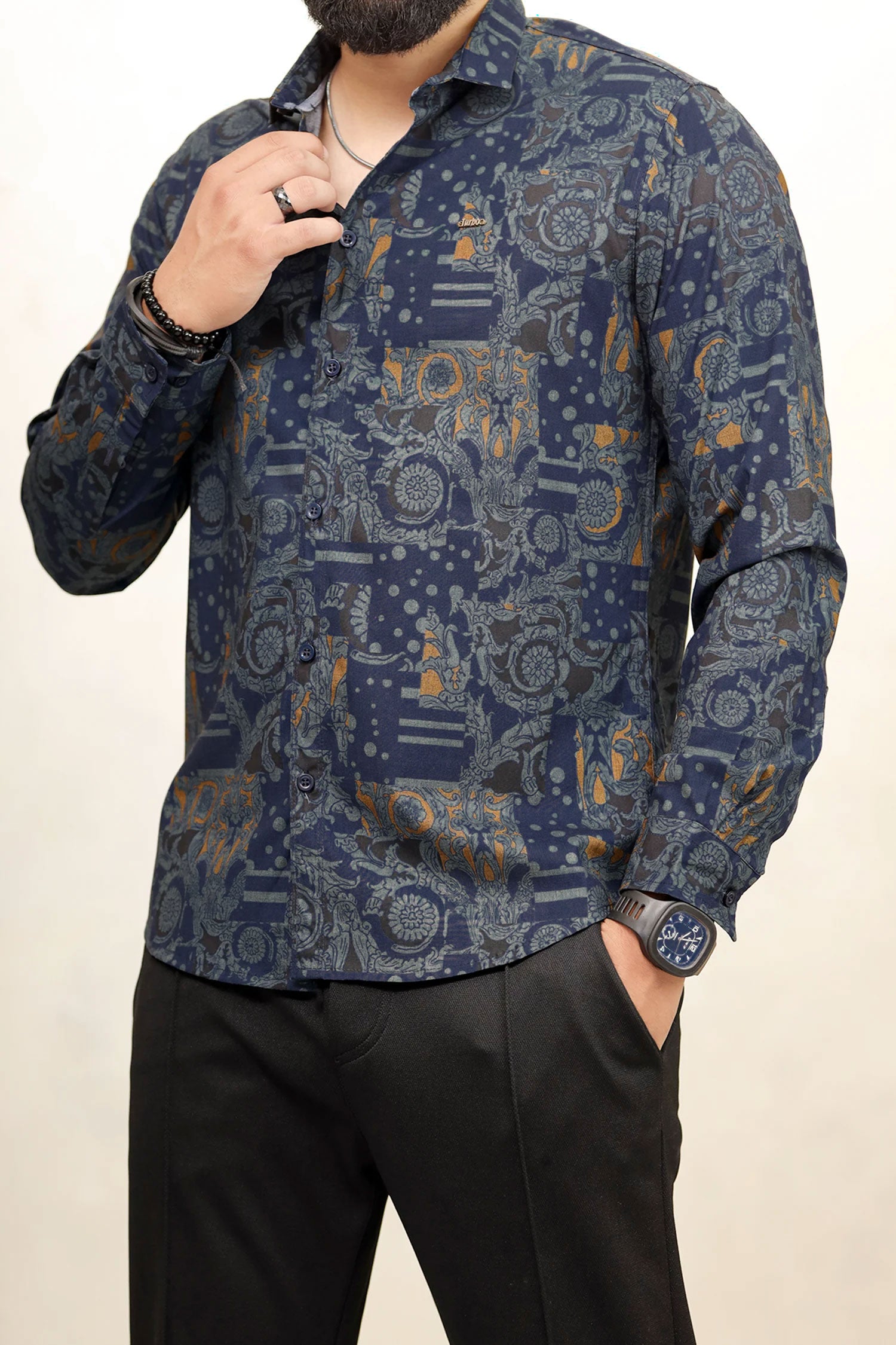 Turbo Retro Flower Motif Long Sleeve Cotton Casual Shirt