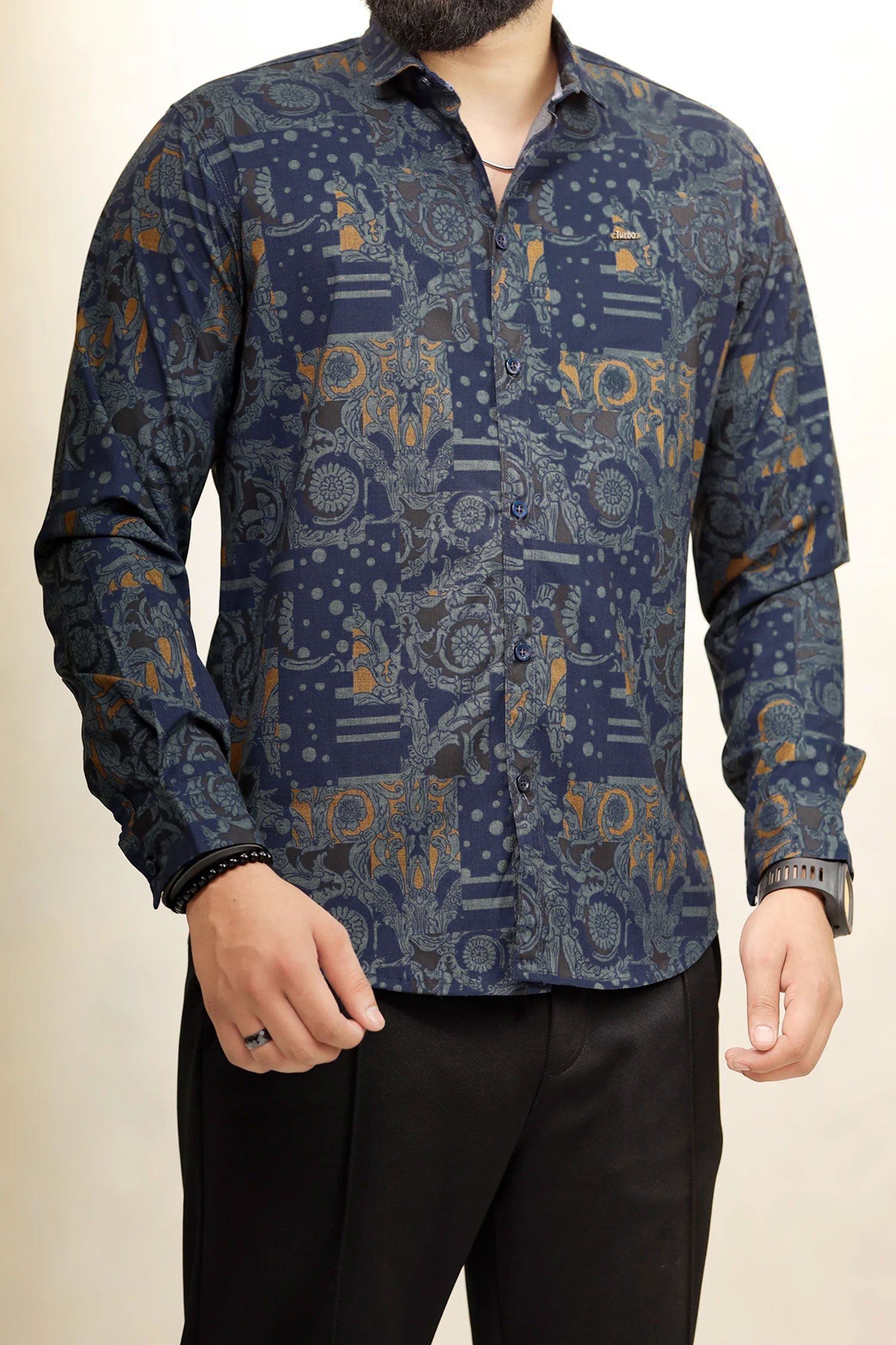 Turbo Retro Flower Motif Long Sleeve Cotton Casual Shirt
