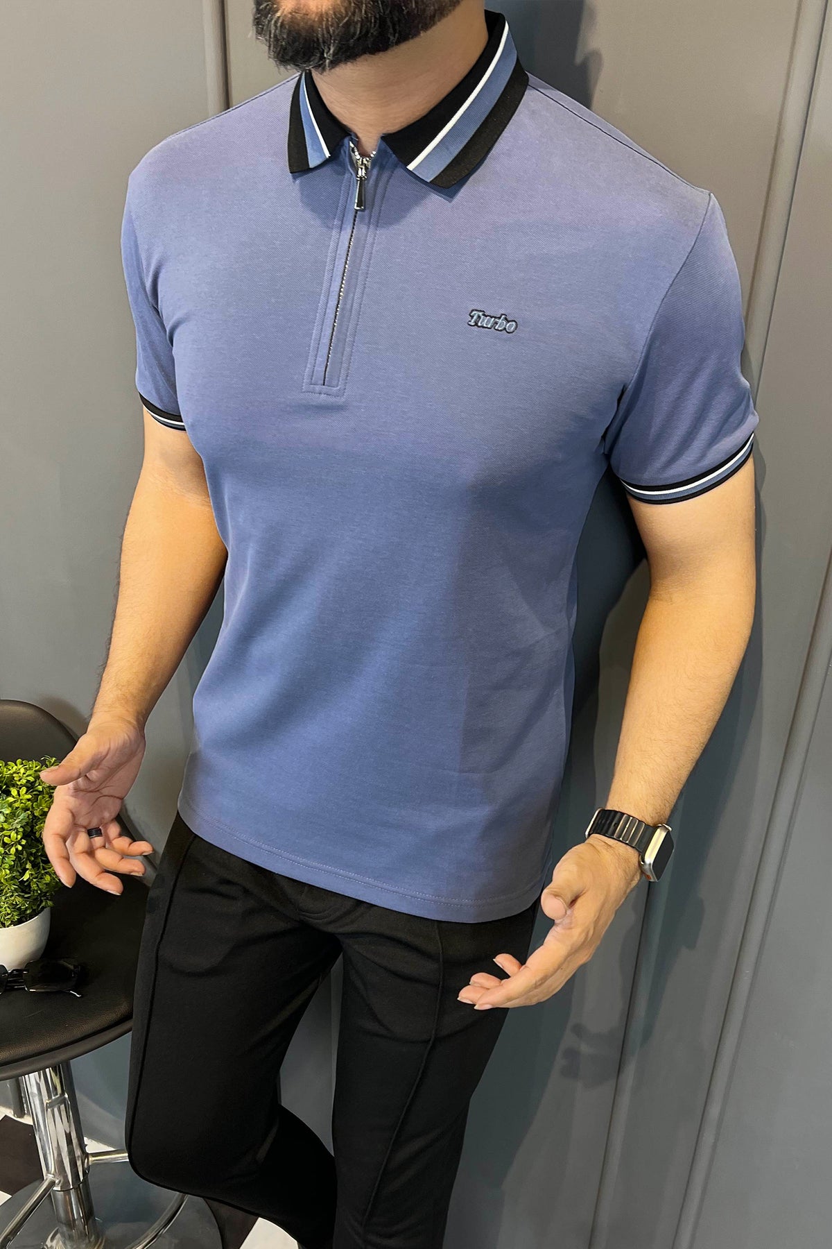 Turbo Contrast Tone Zip Collar Men's Polo Shirt In Blue